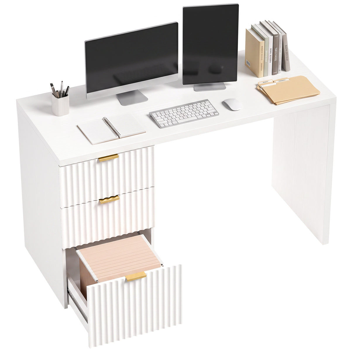 Computer Desk with 3 Drawers, 47" Reversible Home Office Desk with Storage, Thick Top, Modern Study Table with File Drawer for A4 and Letter Size, Bedroom, Studio, White