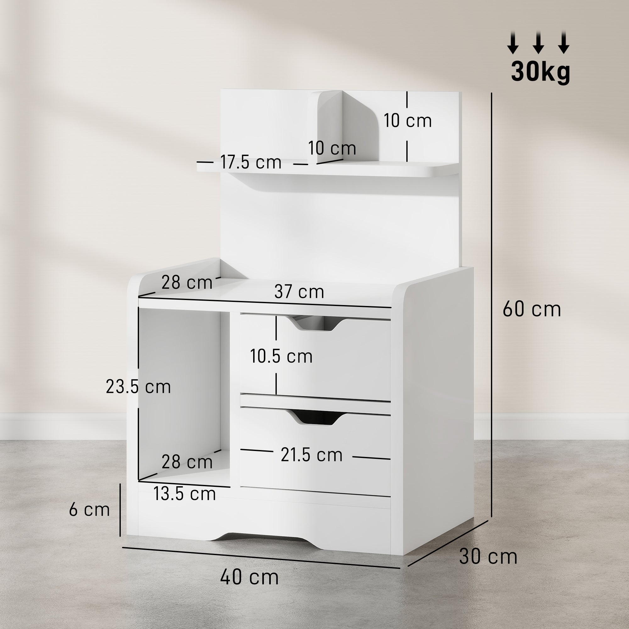 Bedside Table, Small Bedside Cabinet with 2 Drawers and Storage Shelves, Modern Nightstand for Bedroom, High Gloss White