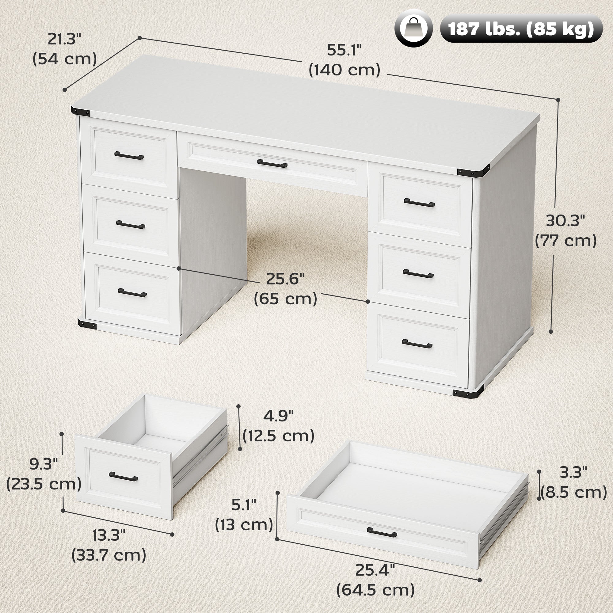 55" Farmhouse Executive Desk, Computer Desk with Drawers, Study Table for Home Office, Bedroom, White Wood Grain