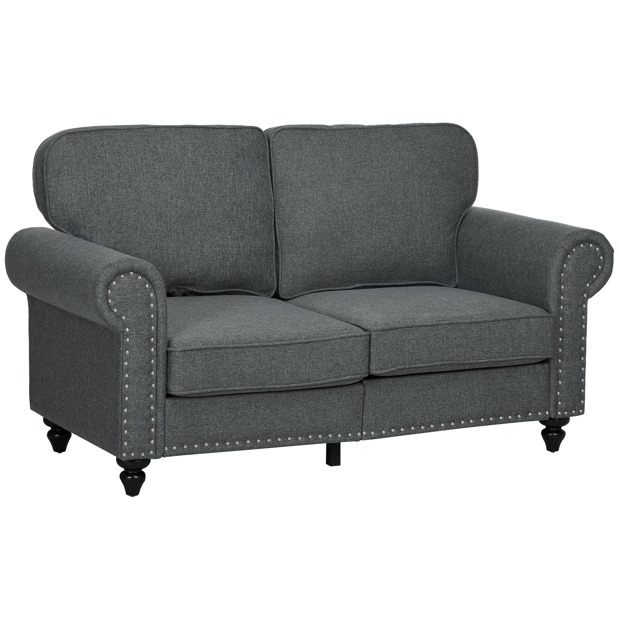 HOMCOM 2 Seater Sofa, Fabric Sofa Couch with Nailhead Trim Rolled Arm and Slatted Wood Frame, Upholstered Loveseat Sofa Settee for Living Room, Bedroom, Home Office, Charcoal Grey