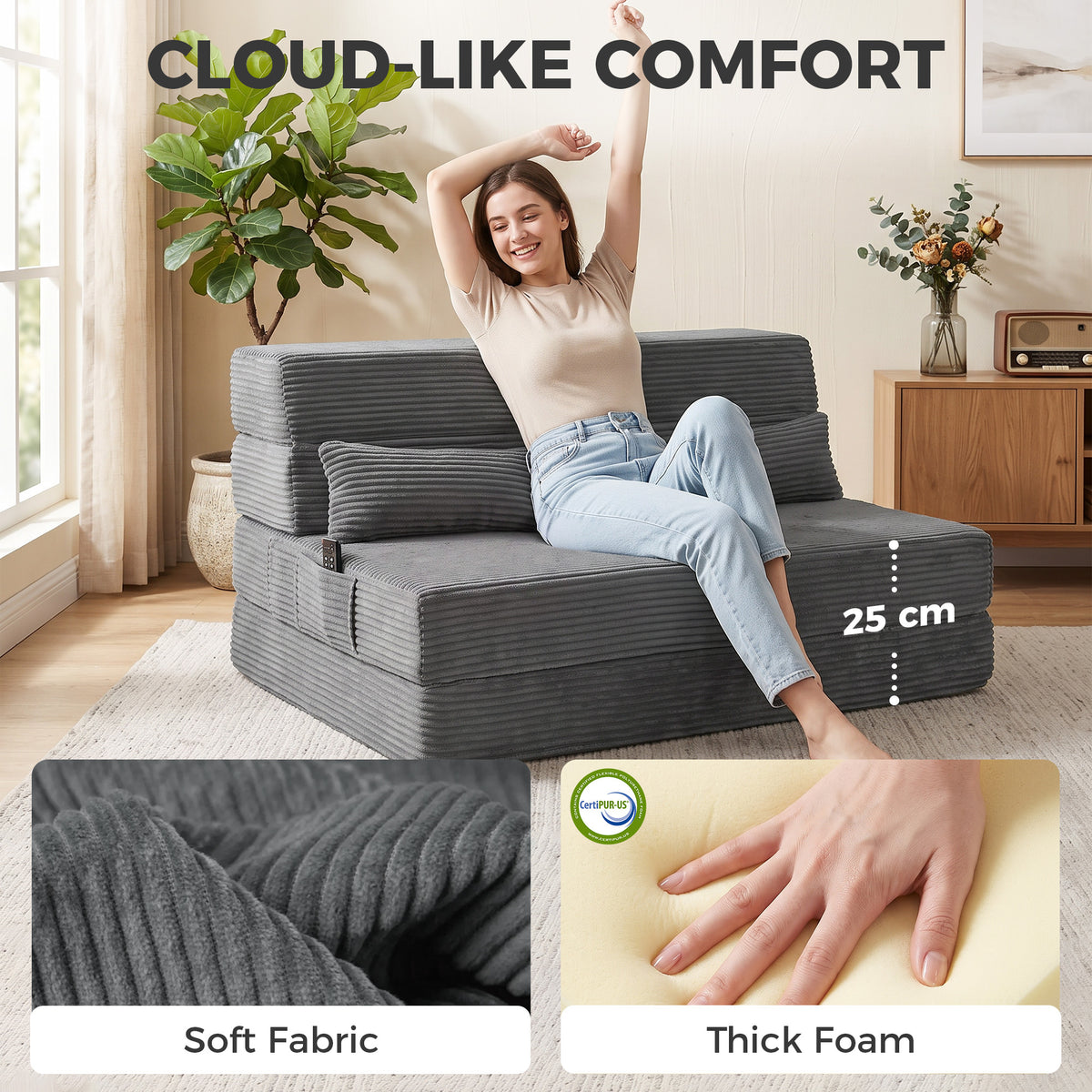 Floor Chair with Back Support, Corduroy Folding Sleeper Sofa, Boneless Cloud Floor Gaming Chair with Thick Cushion, Lumbar Pillow, Side Pockets for Living Room, Dark Grey