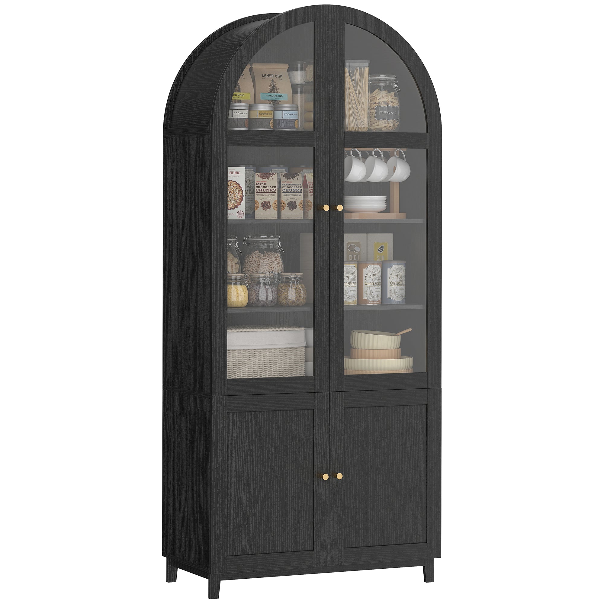 71" Tall Arched Kitchen Pantry Cabinet, Farmhouse Freestanding Kitchen Storage Cabinet with Adjustable Shelves, Acrylic Doors for Living Room, Dining Room, Black