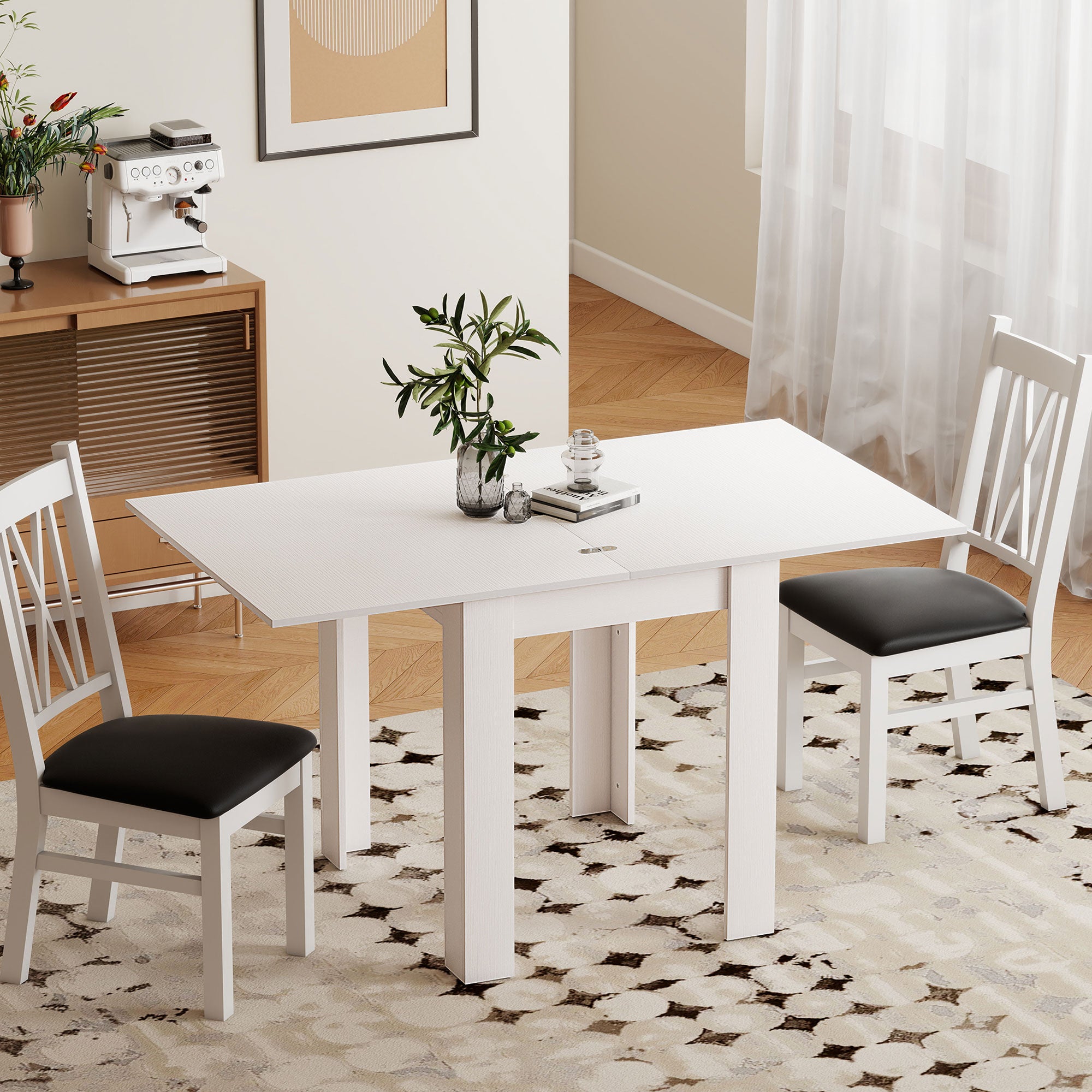55" Extendable Dining Table for 4-6 Person, Rectangular Modern Kitchen Table with PU Handle and Felt Pads for Small Spaces, White Wood Effect