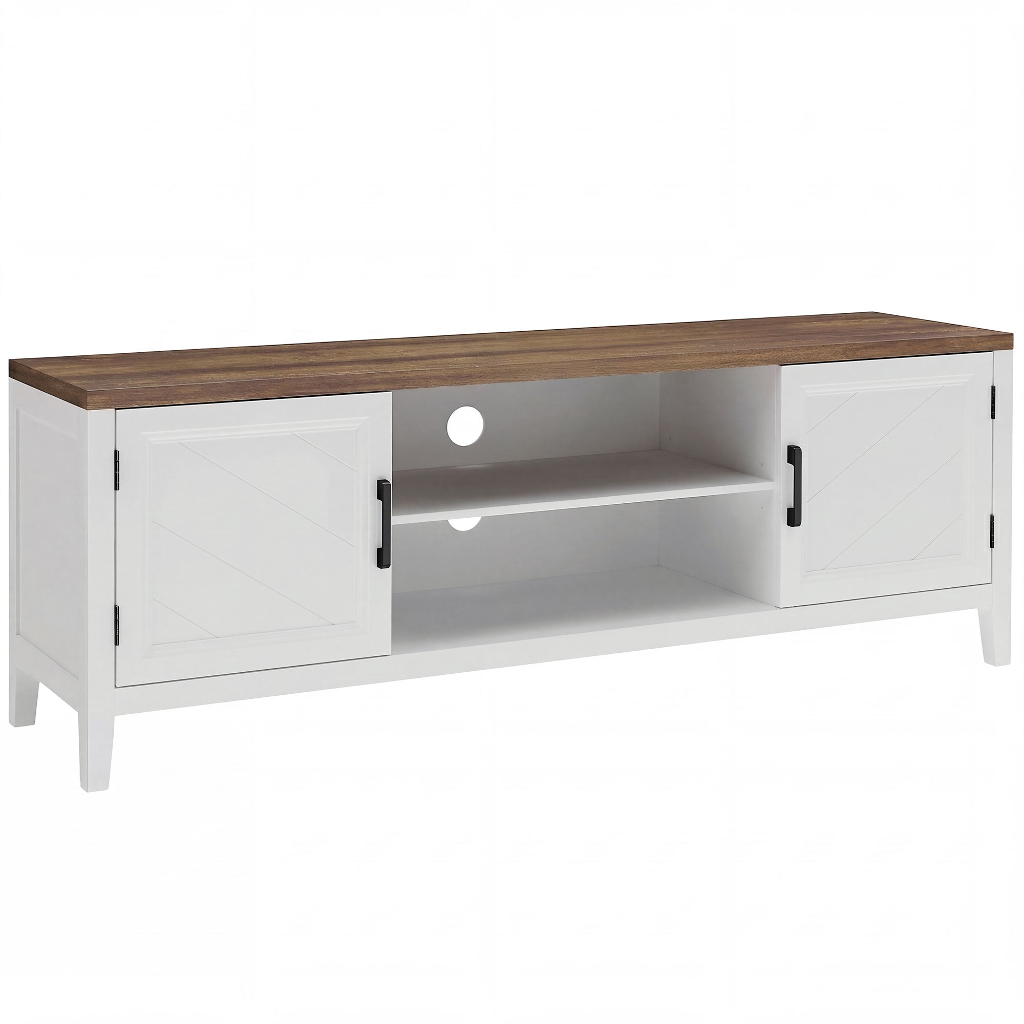 TV Stand for TVs up to 42 Inch, Farmhouse Entertainment Center with 2 Open Shelves, 2 Cabinets, Thick Top, Media Console Table for Living Room, White and Brown