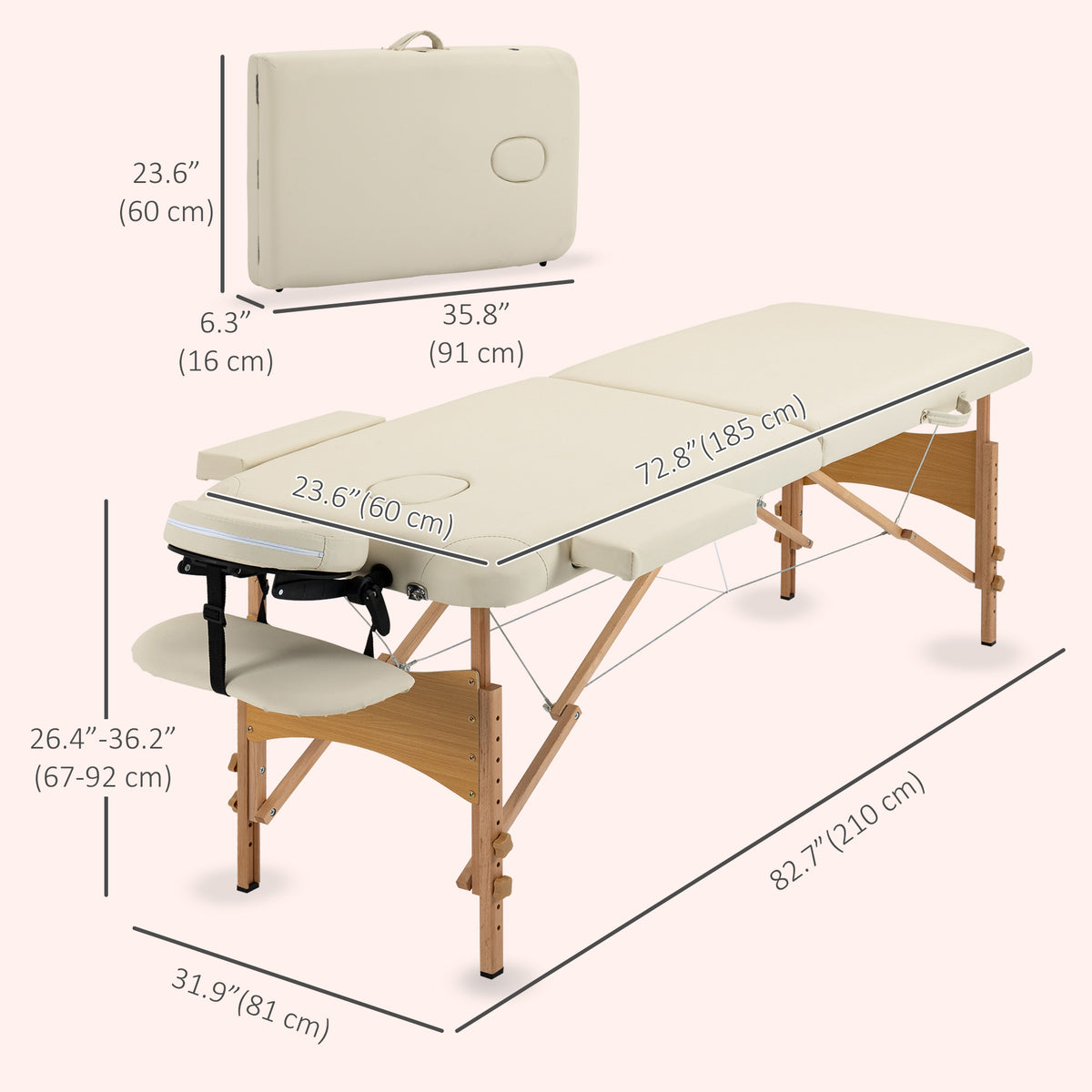 83 Inch Portable Folding Massage Table, Height Adjustable Professional Salon Spa Facial Couch Bed with Carrying Case, Headrest, Armrests, Beige