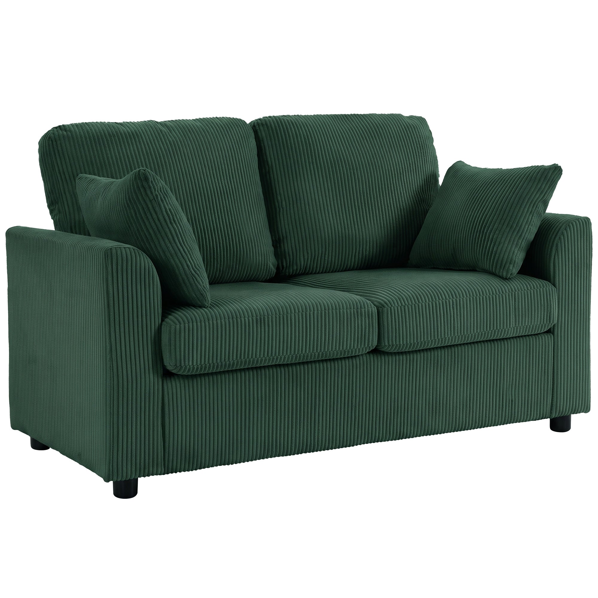 2 Seater Sofa, 144cm Corduroy Small Couch with Spring Cushion, Wide and Deep Seat, Plush Backrest, 2 Pillows, Loveseat Sofa Settee for Small Space, Living Room, Bedroom, Home Office, Dark Green