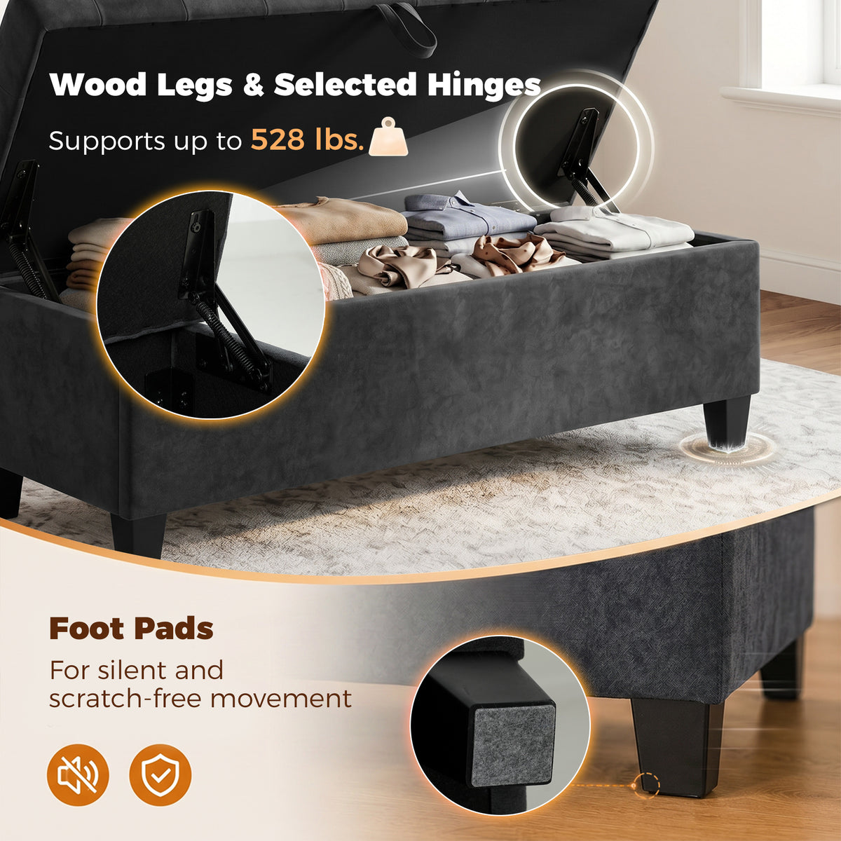 63" Storage Ottoman Bench, End of Bed Bench for Queen/King Bed, 63"x16.1"x17.7", Velvet Fabric Tufted Storage Chest for Living Room, Bedroom, Entryway, 528 lb, Dark Grey