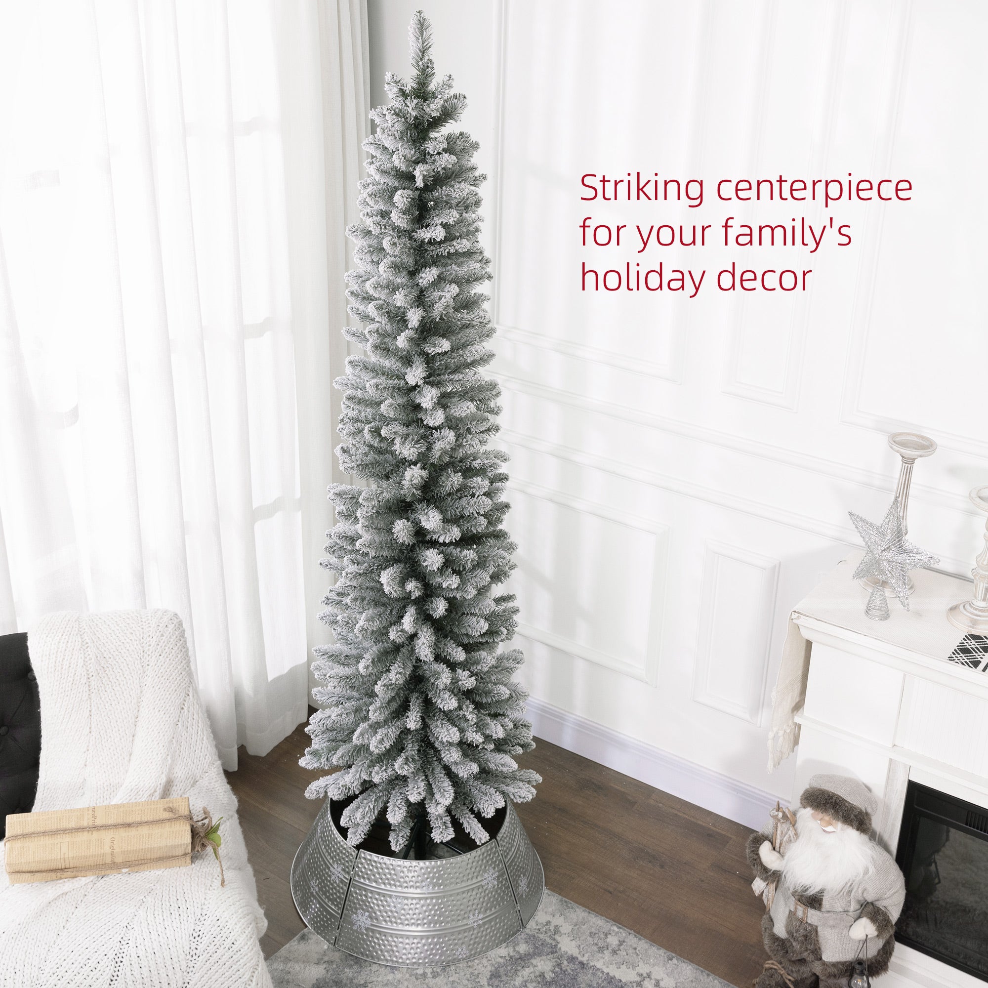 7ft Artificial Pencil Christmas Tree with 405 Snow Flocked Branches, Metal Base, Realistic Xmas Tree, White