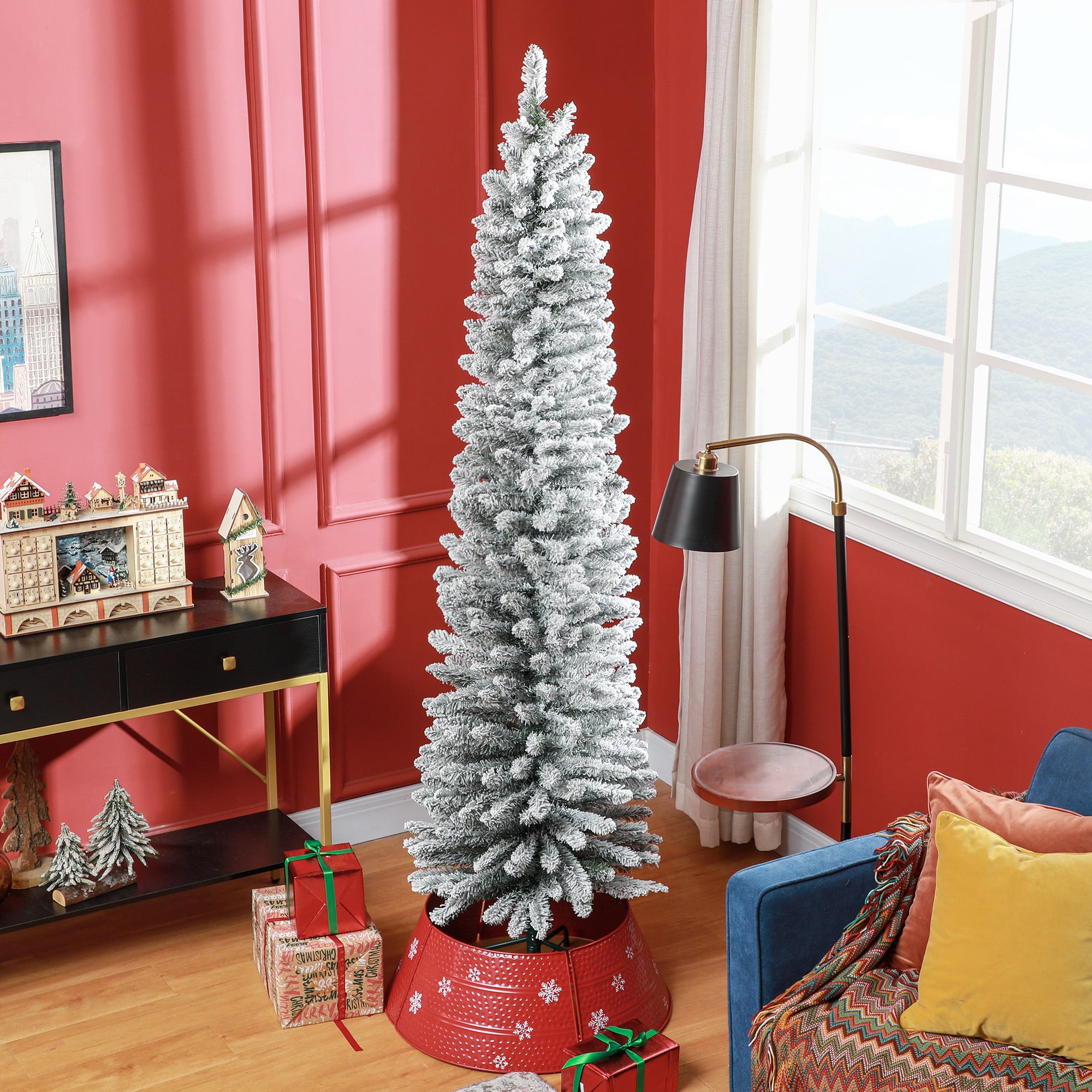 7ft Artificial Pencil Christmas Tree with 405 Snow Flocked Branches, Metal Base, Realistic Xmas Tree, White