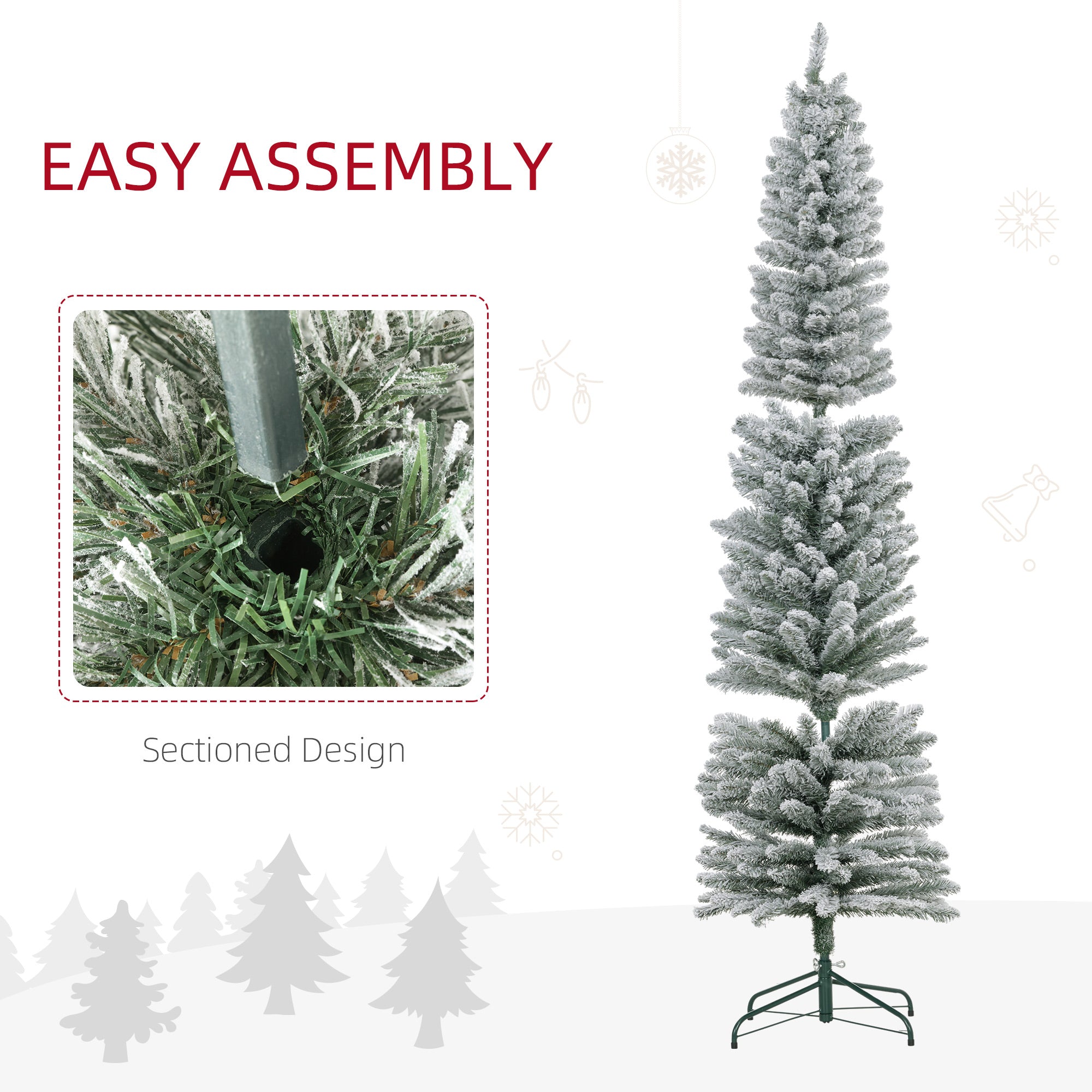 7ft Artificial Pencil Christmas Tree with 405 Snow Flocked Branches, Metal Base, Realistic Xmas Tree, White