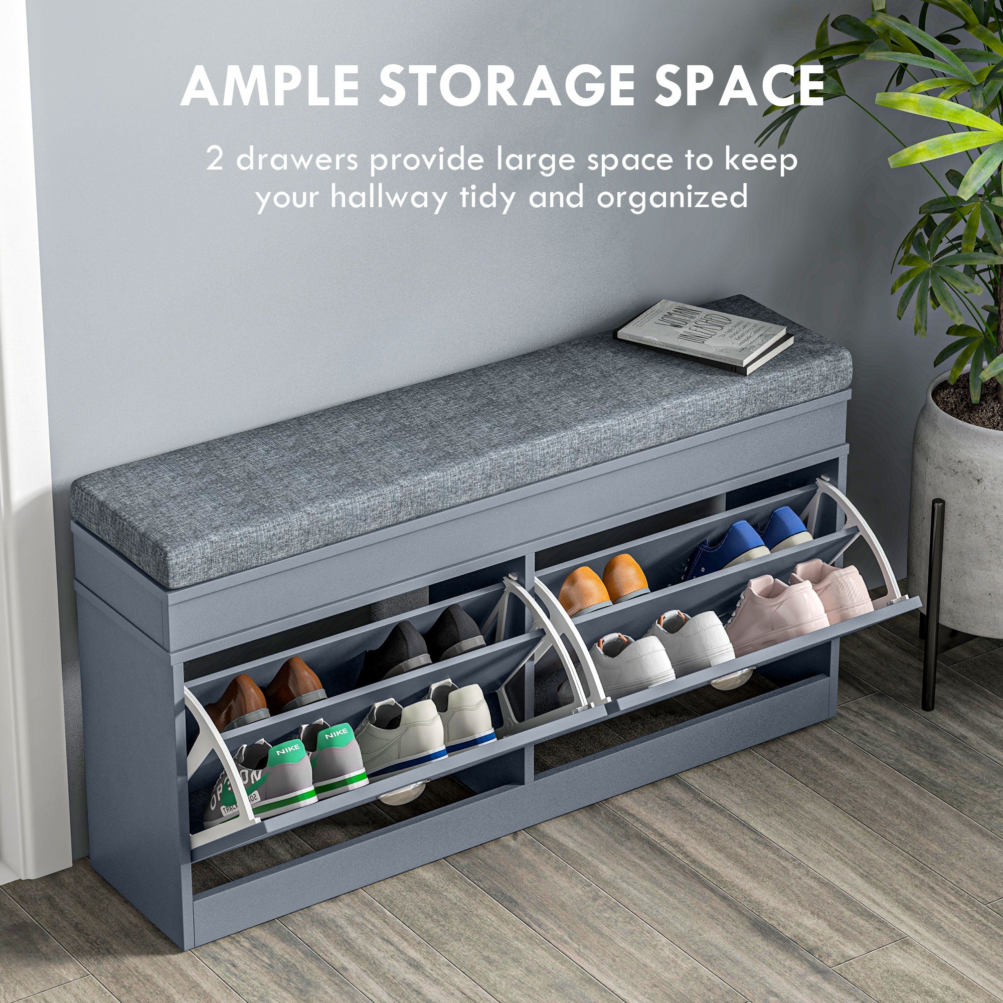 Modern Shoe Storage Bench w/ Cushion & 2 Drawers, Entryway Bench, Holds 8 Pairs, Gray