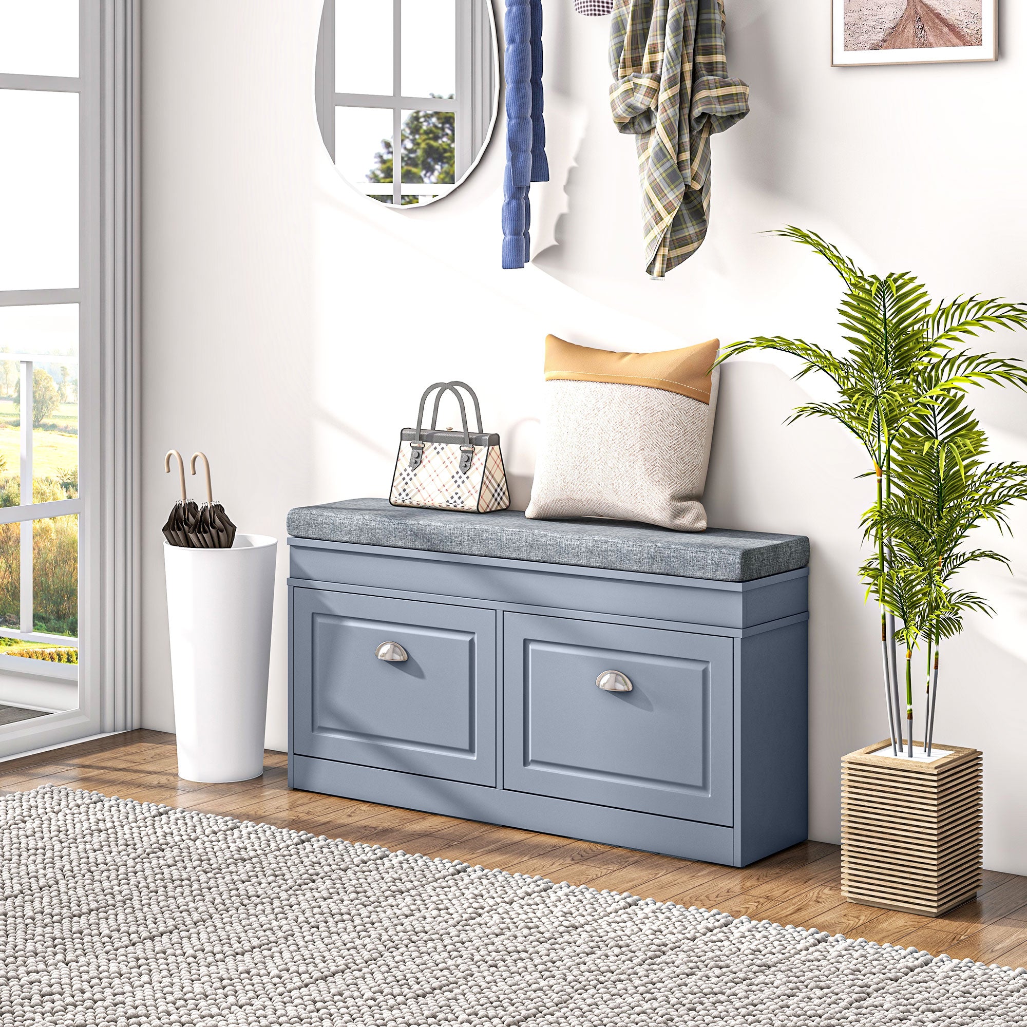 Modern Shoe Storage Bench w/ Cushion & 2 Drawers, Entryway Bench, Holds 8 Pairs, Gray