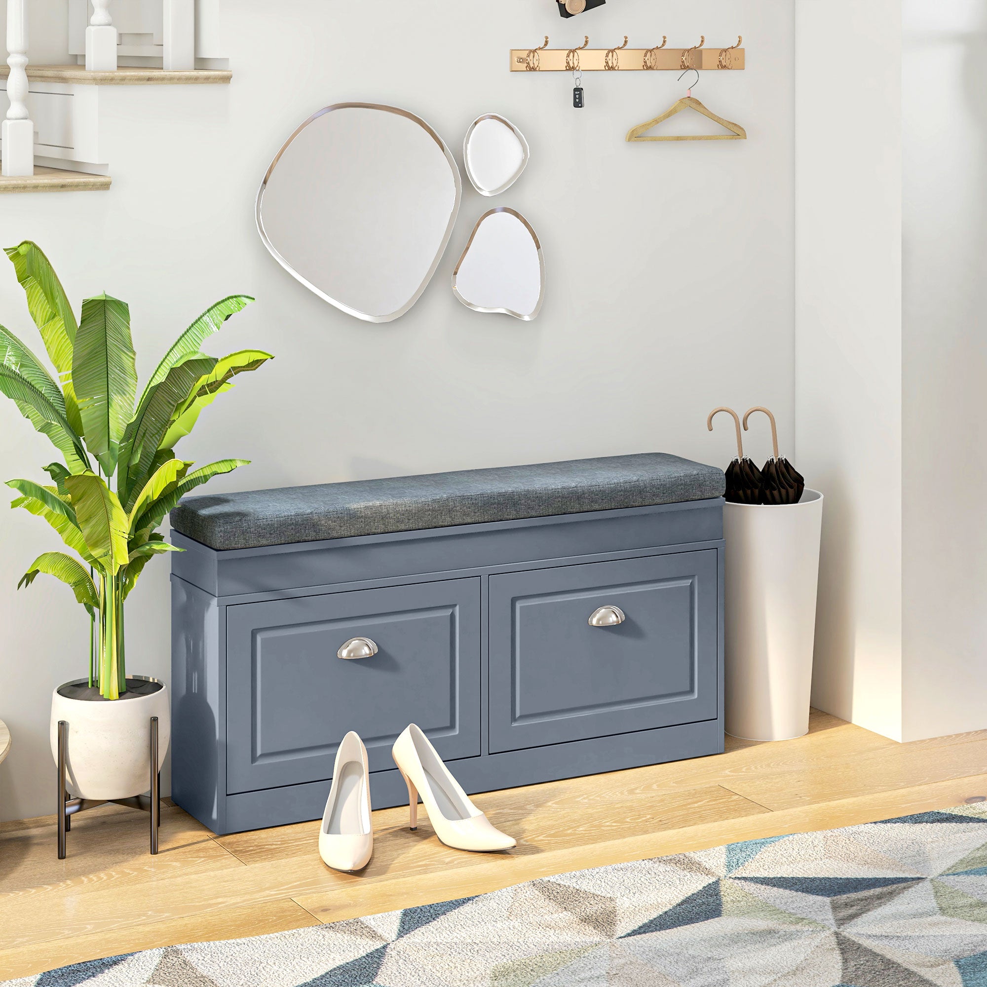 Modern Shoe Storage Bench w/ Cushion & 2 Drawers, Entryway Bench, Holds 8 Pairs, Gray