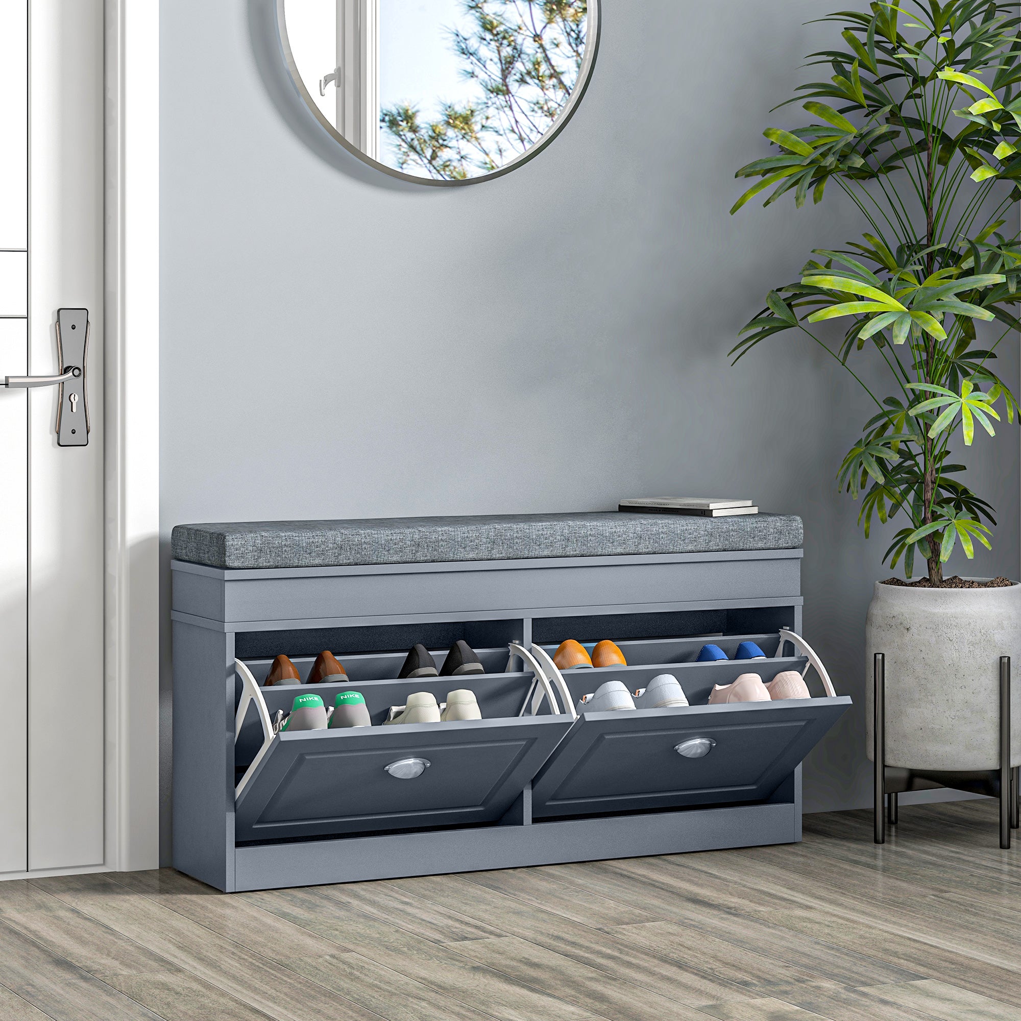 Modern Shoe Storage Bench w/ Cushion & 2 Drawers, Entryway Bench, Holds 8 Pairs, Gray
