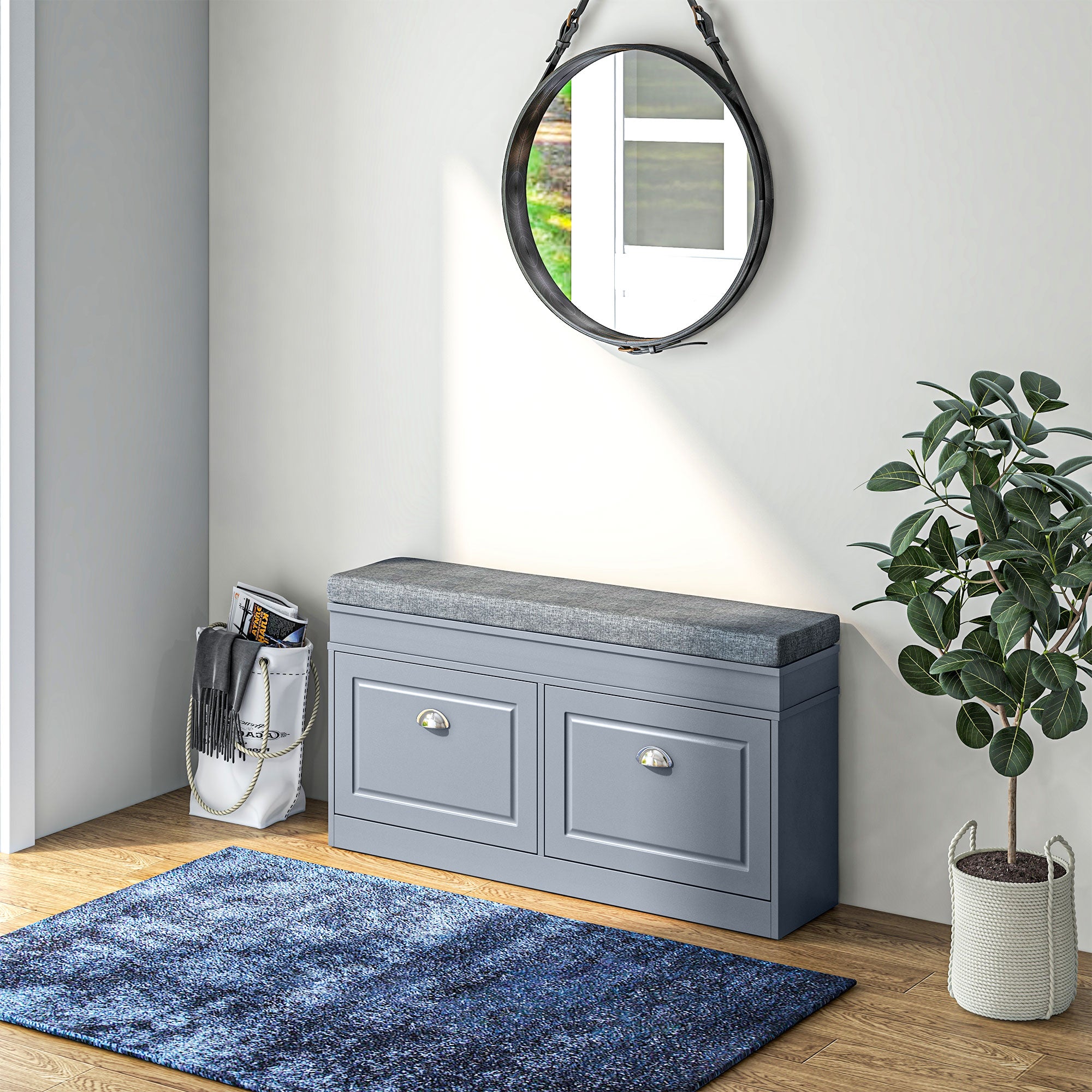 Modern Shoe Storage Bench w/ Cushion & 2 Drawers, Entryway Bench, Holds 8 Pairs, Gray