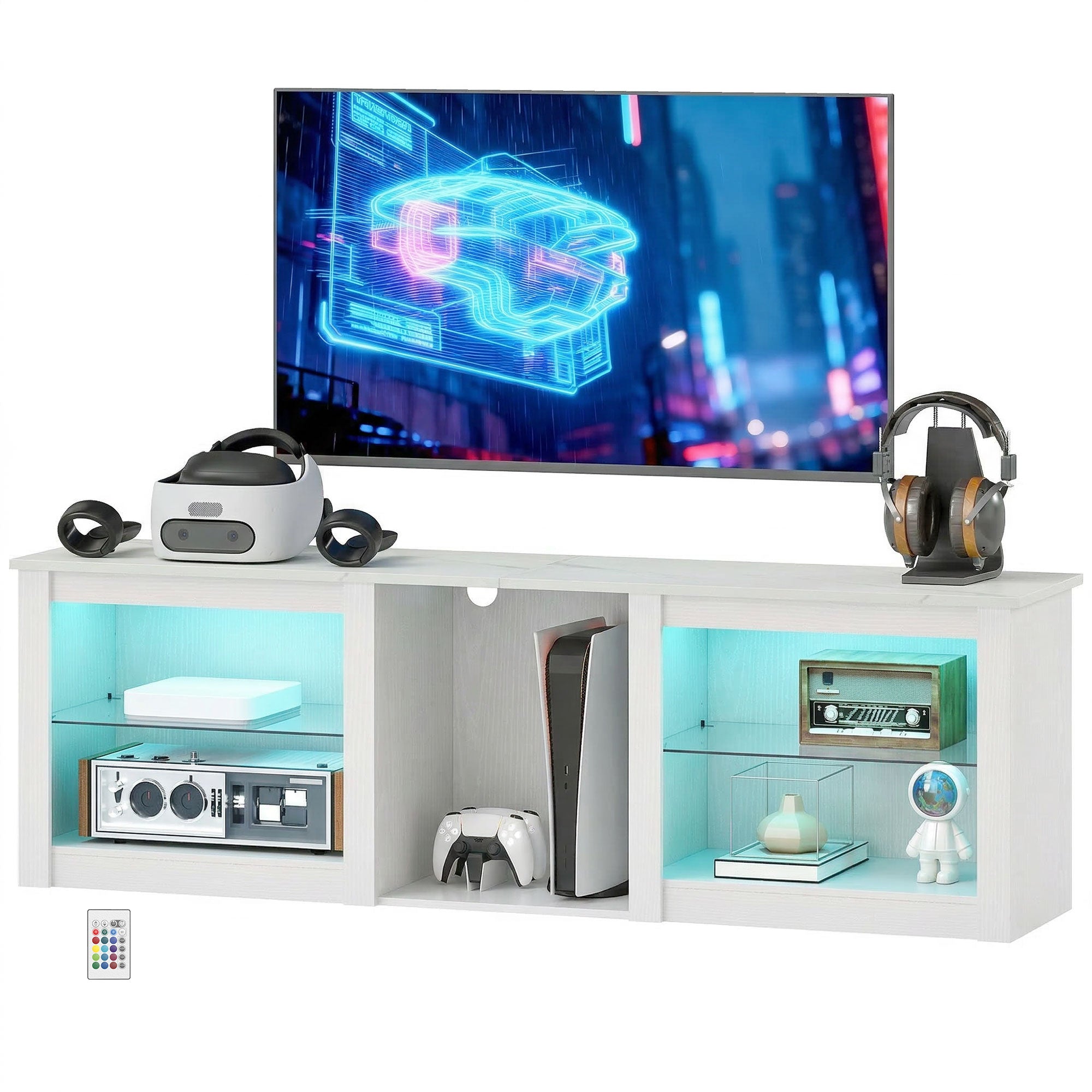 TV Unit with LED Lights for TV up to 70 Inch, 160cm TV Stand Cabinet with Adjustable Glass Shelves, Open Compartments for Gaming Consoles, TV Cabinet for Living Room, Bedroom, White