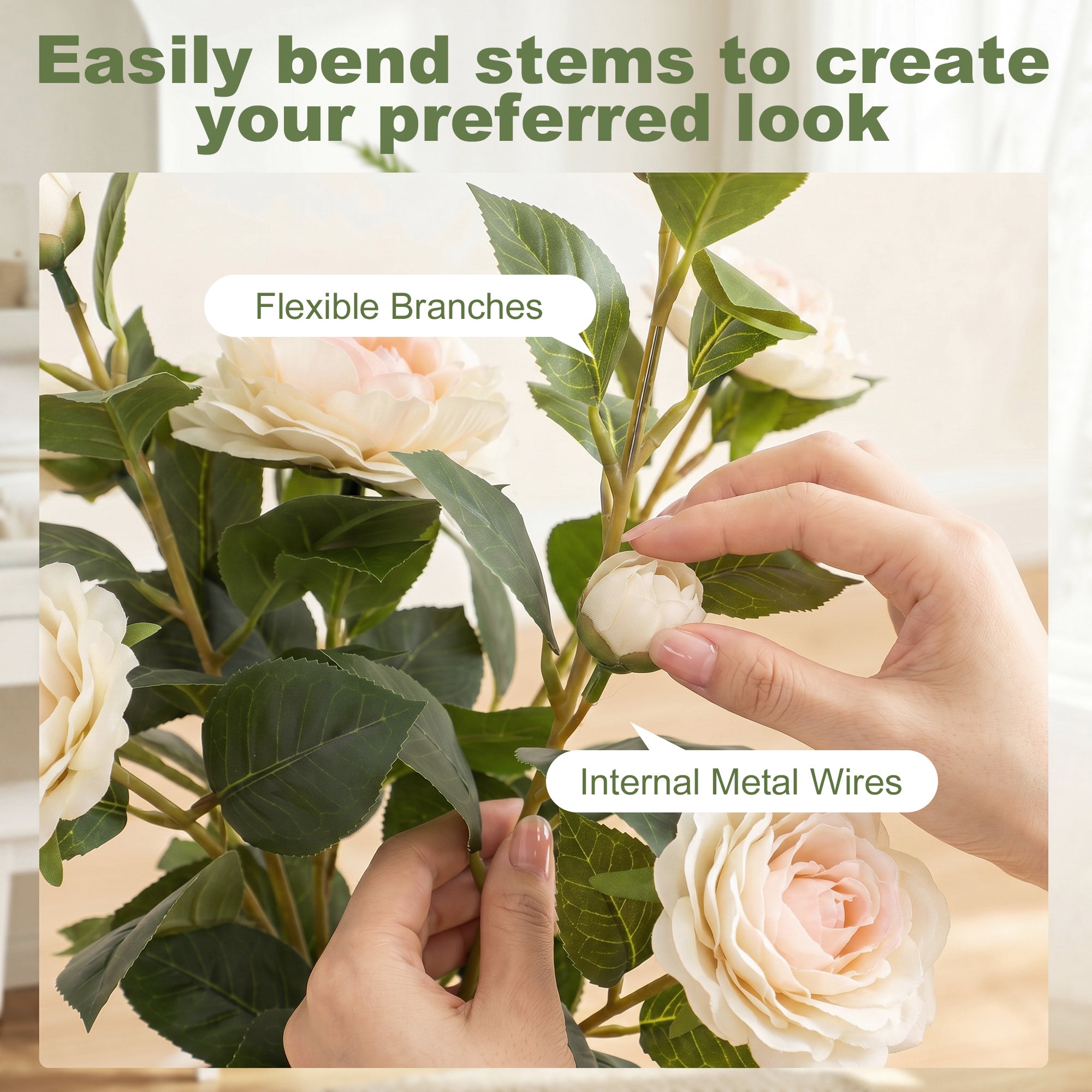 65cm Artificial Camellia Flower Plant in Pot, Realistic Silk Flowers with 116 Lush Leaves & Moss Effect, Faux Tree for Outdoor Indoor Garden Porch Decor