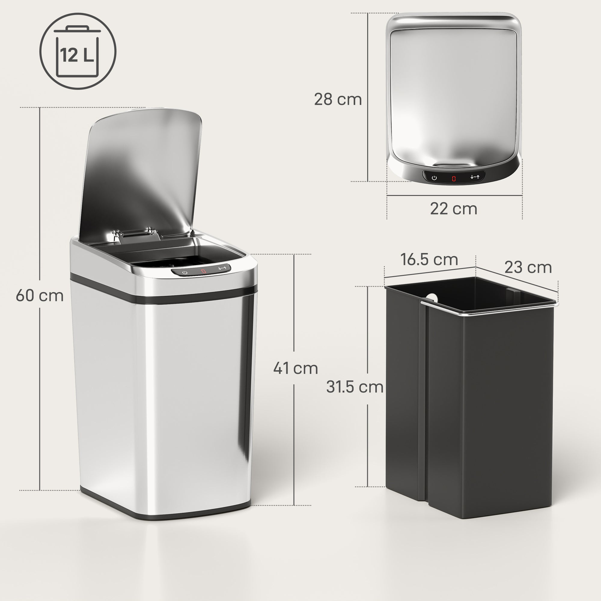 12L Sensor Bin, Automatic Touchless Motion Sensor Kitchen Bin, Compact Trash Can with Fingerprint Resistant Stainless Steel for Hygienic Gyms, Home Office Use, Silver Tone