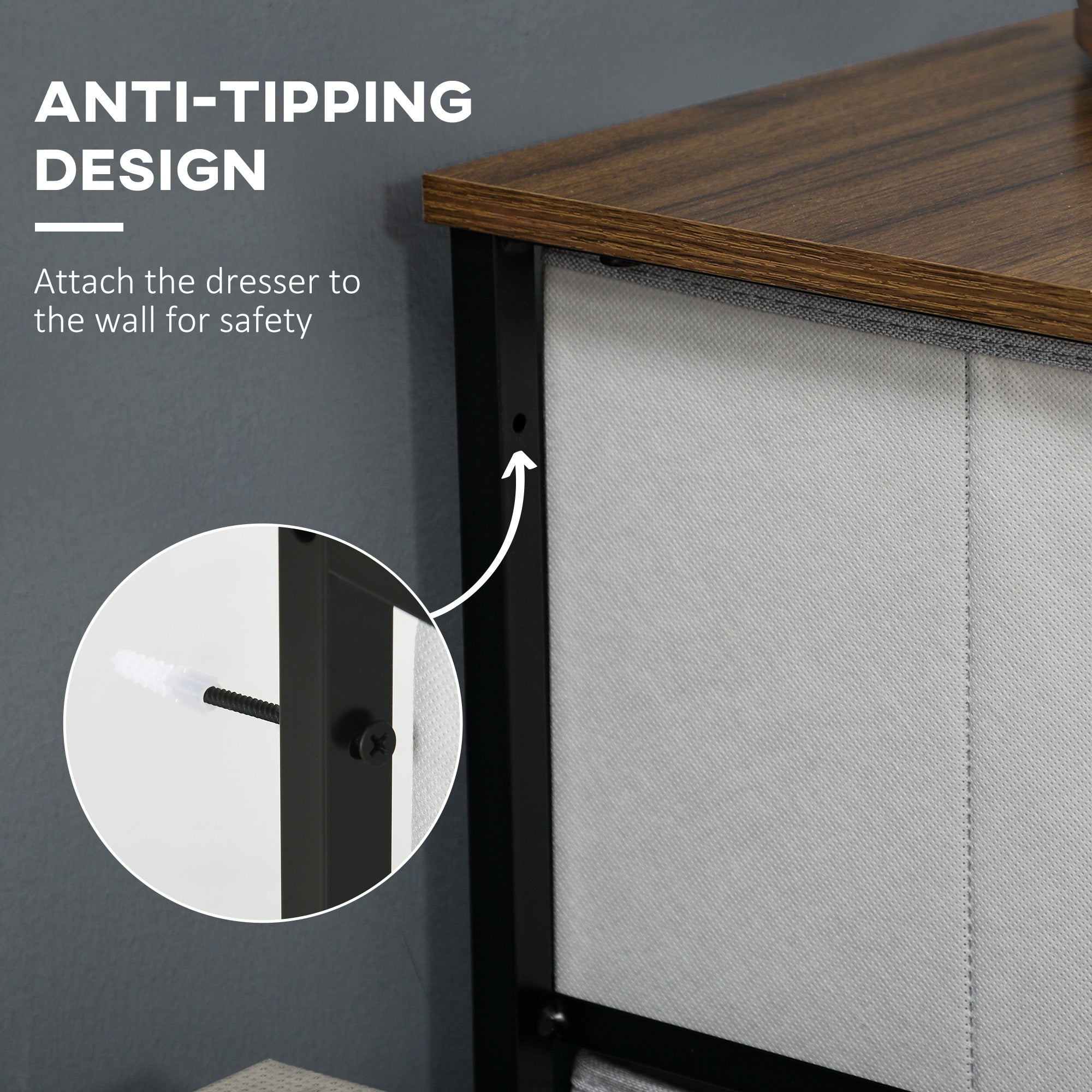 Fabric Chest of Drawers, Industrial Bedroom Dresser with 8 Fabric Drawers, Steel Frame and Wooden Top for Nursery, Living Room, Hallway, Grey