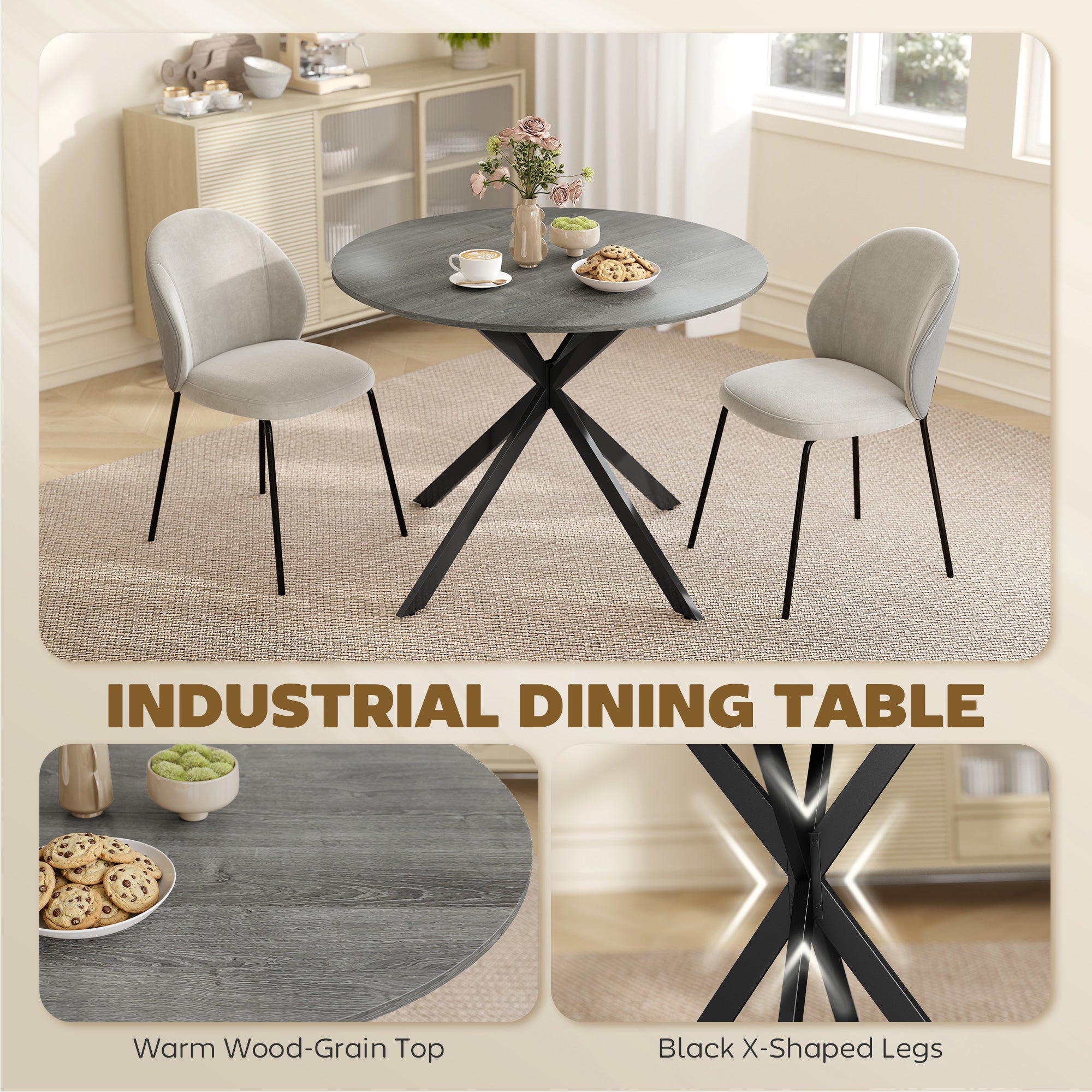 Round Dining Table for 4, 40" Industrial Kitchen Table with Steel Legs for Dining Room, Distressed Grey