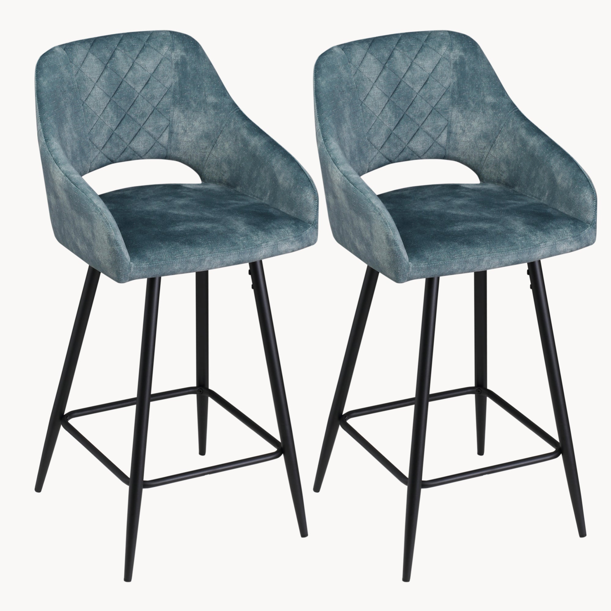 Aura Velvet Bar Stools Set of 2, Velvet-feel Fabric Counter Height Chairs with Steel Legs, Blue