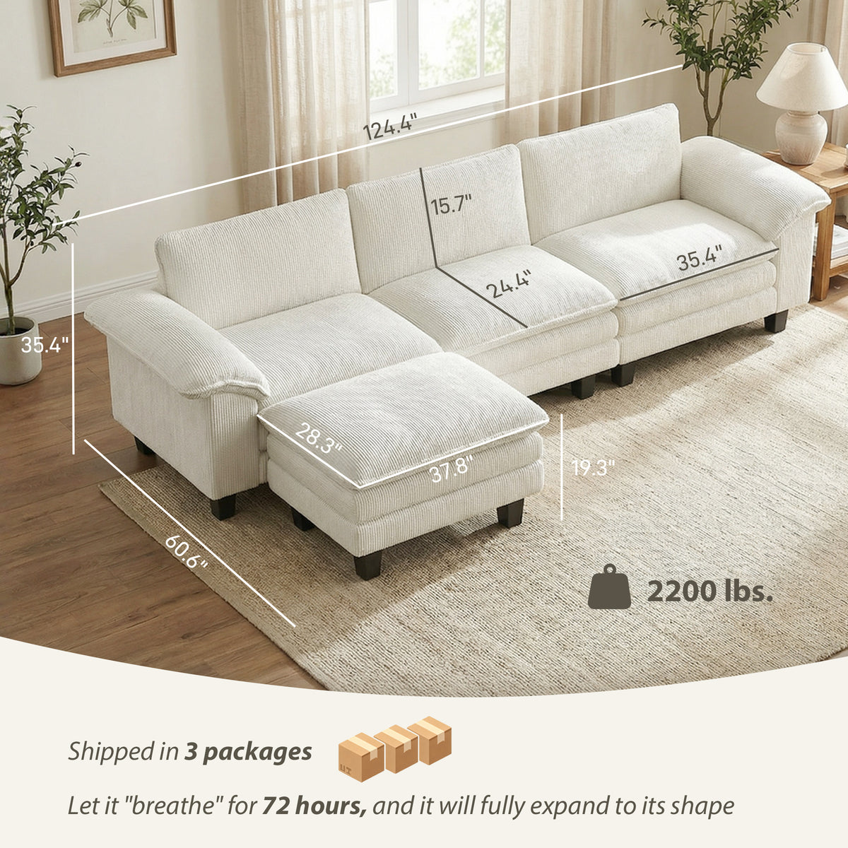 124" L Shaped Sectional Sofa with Movable Ottoman, 3 Seat, 2200lb Capacity, Beige