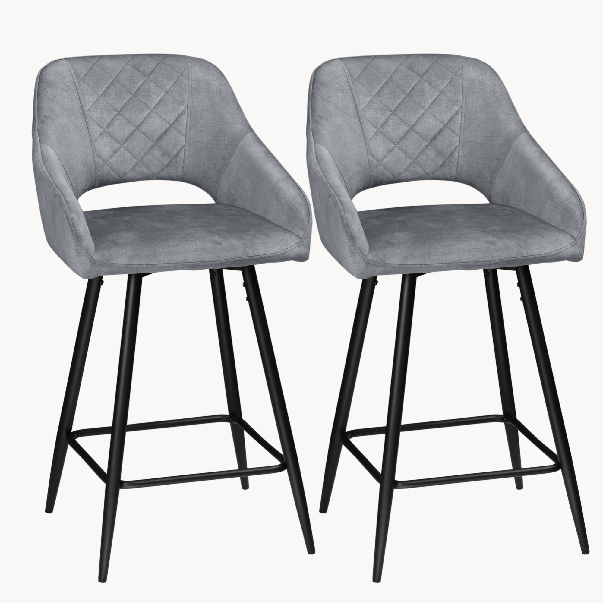 Aura Velvet Bar Stools Set of 2, Velvet-feel Fabric Counter Height Chairs with Steel Legs, Grey