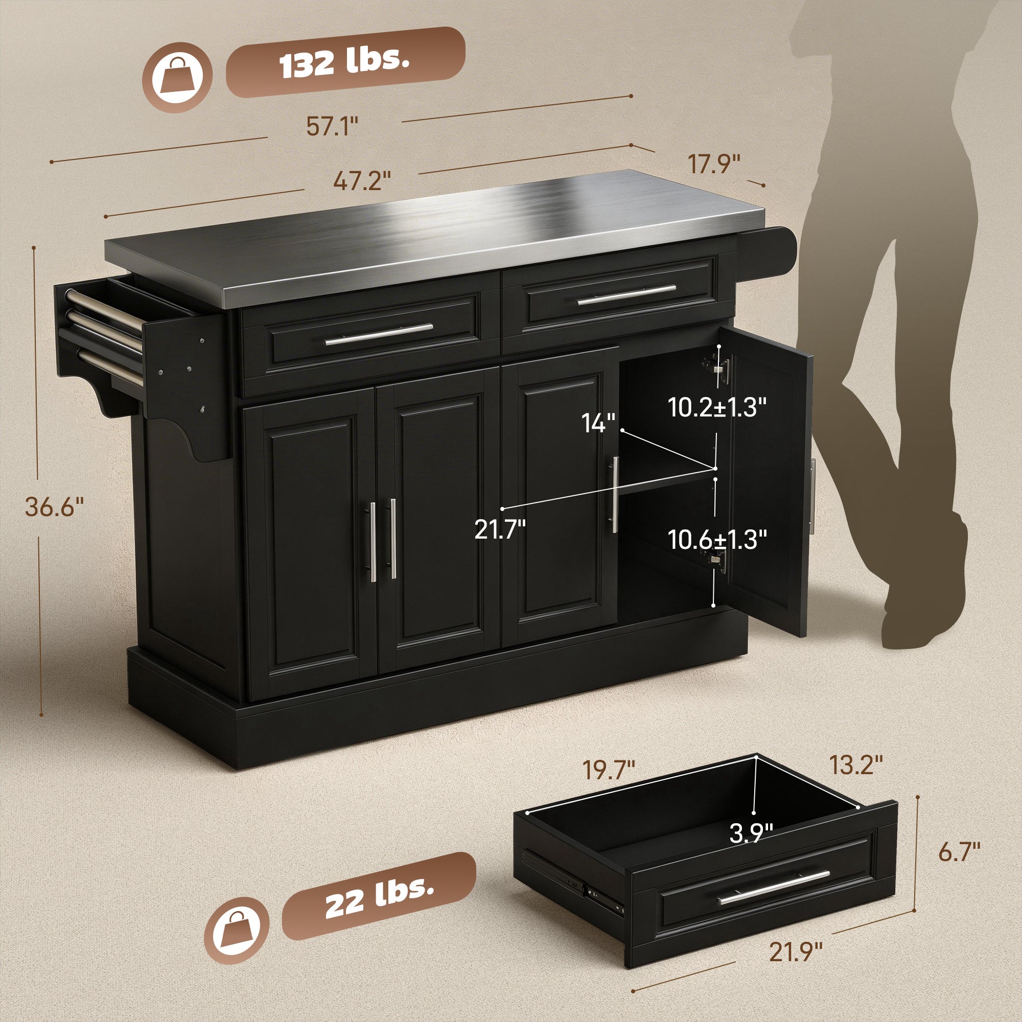 Rolling Kitchen Island with Storage Portable Cart with Stainless Steel Top 2 Drawers Black - HOMCOM