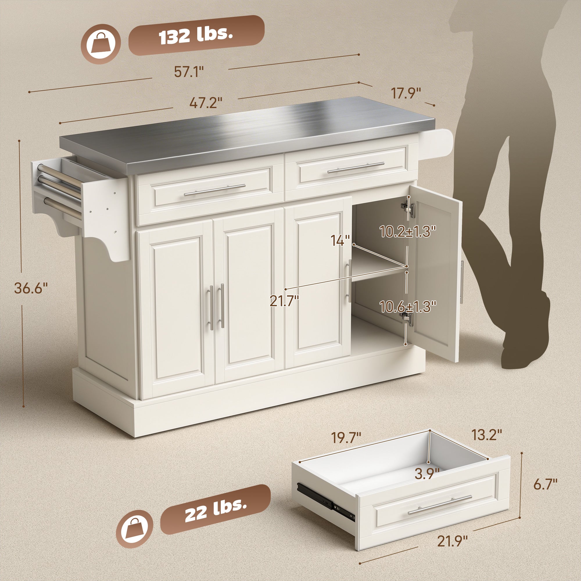 36" Stainless Steel Top Kitchen Island with Storage Drawers, Racks & Cabinets, Cream White - HOMCOM