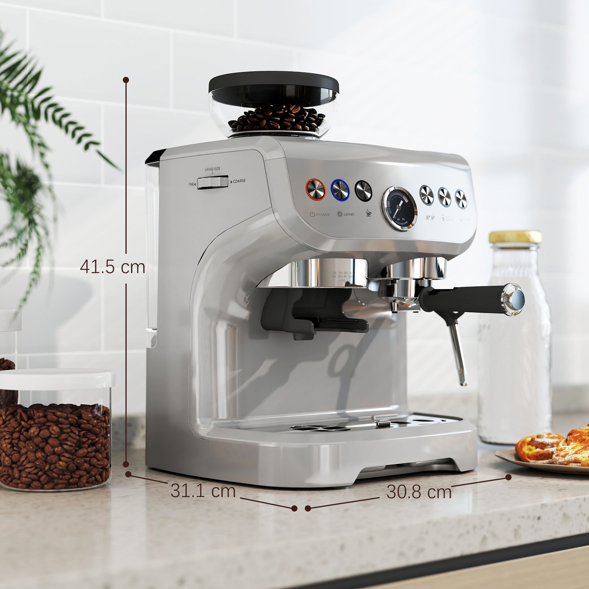 Espresso Machine with Integrated Bean Grinder & Steam Wand, Stainless Steel Silver