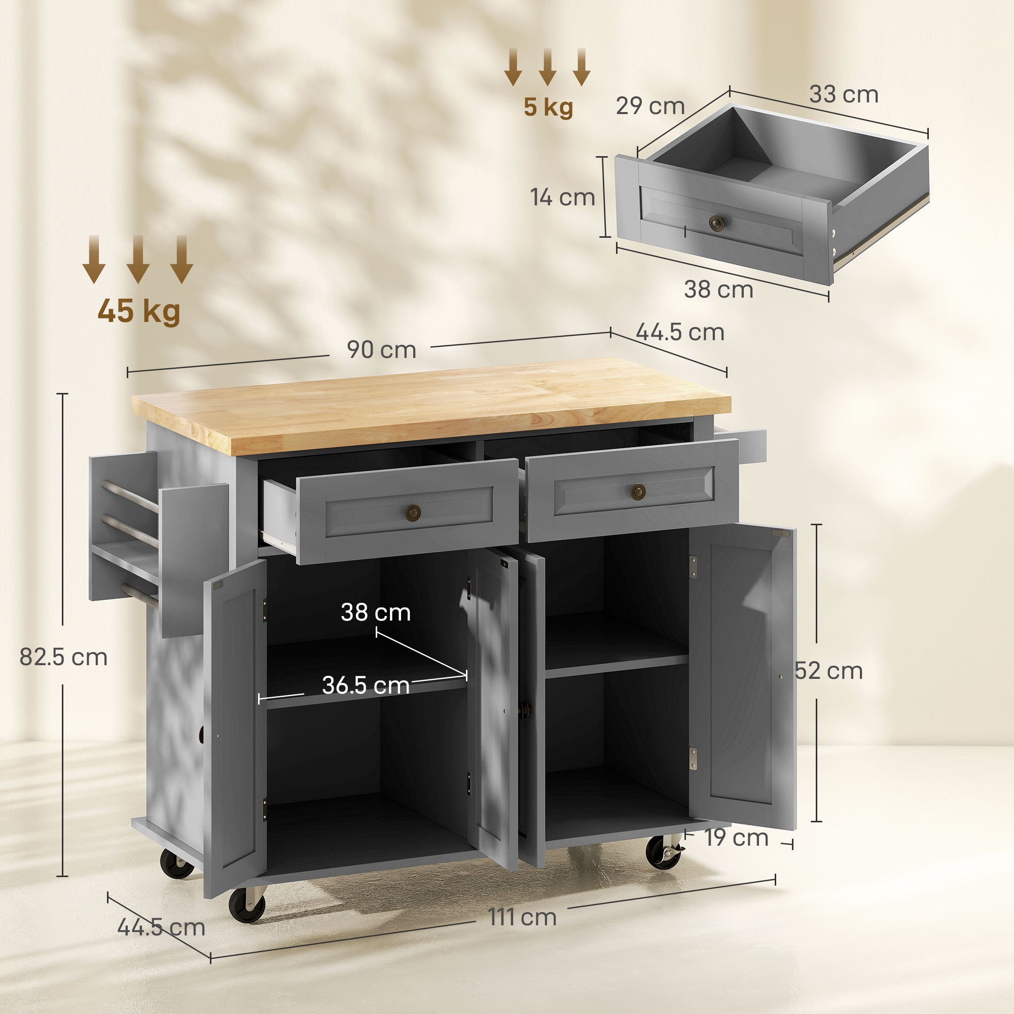 Modern Rubberwood Rolling Kitchen Island with Storage - HOMCOM