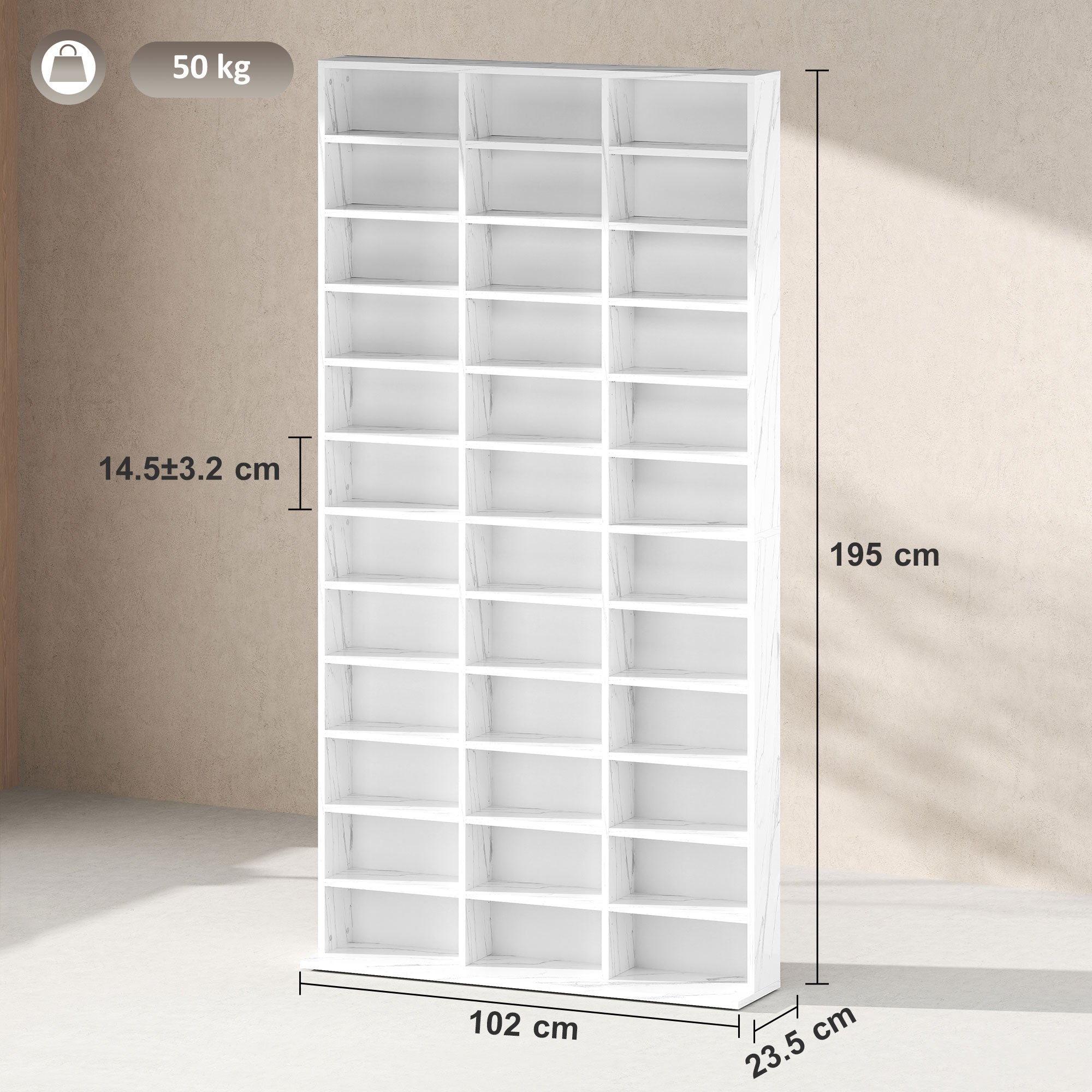 1116 CD/ 528 DVD Storage Unit, Media Storage Shelf, Wooden Display Unit with Adjustable Shelves, 102 x 195 cm, White