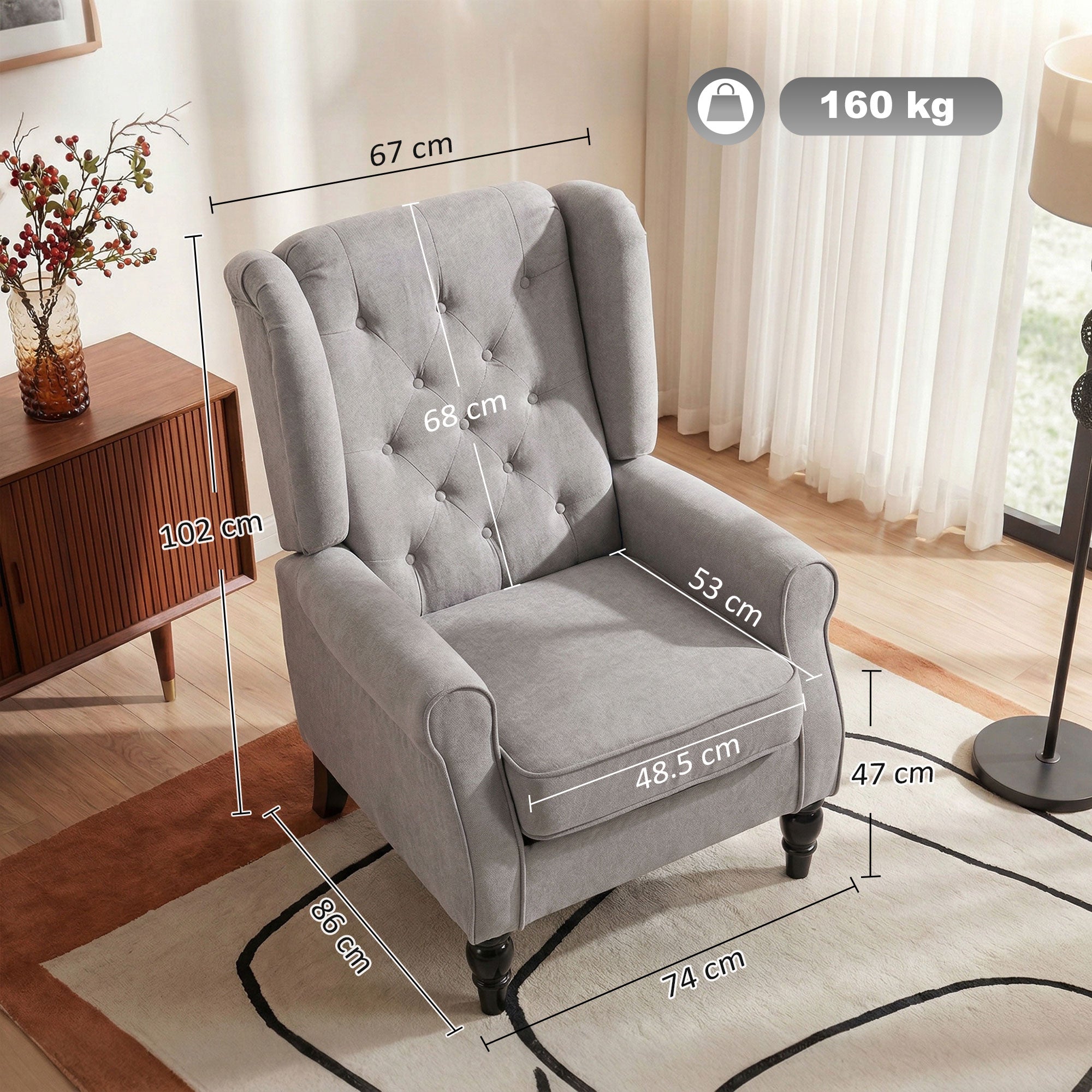Retro Button Tufted Accent Armchair with Wooden Frame and Legs for Living Room, Bedroom, Grey - HOMCOM