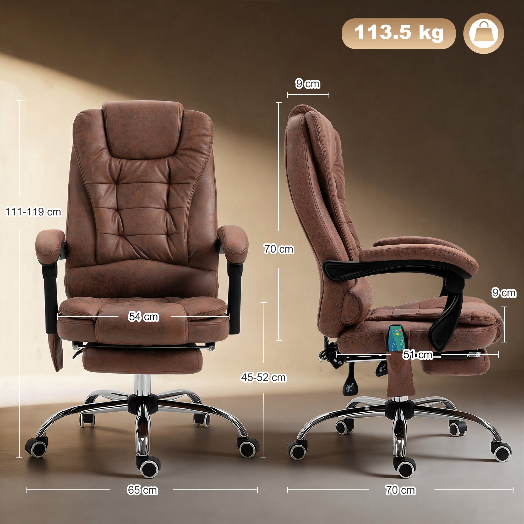 Office Chair with 6-Point Massage and Back Heat, Reclining Back & Footrest, Brown