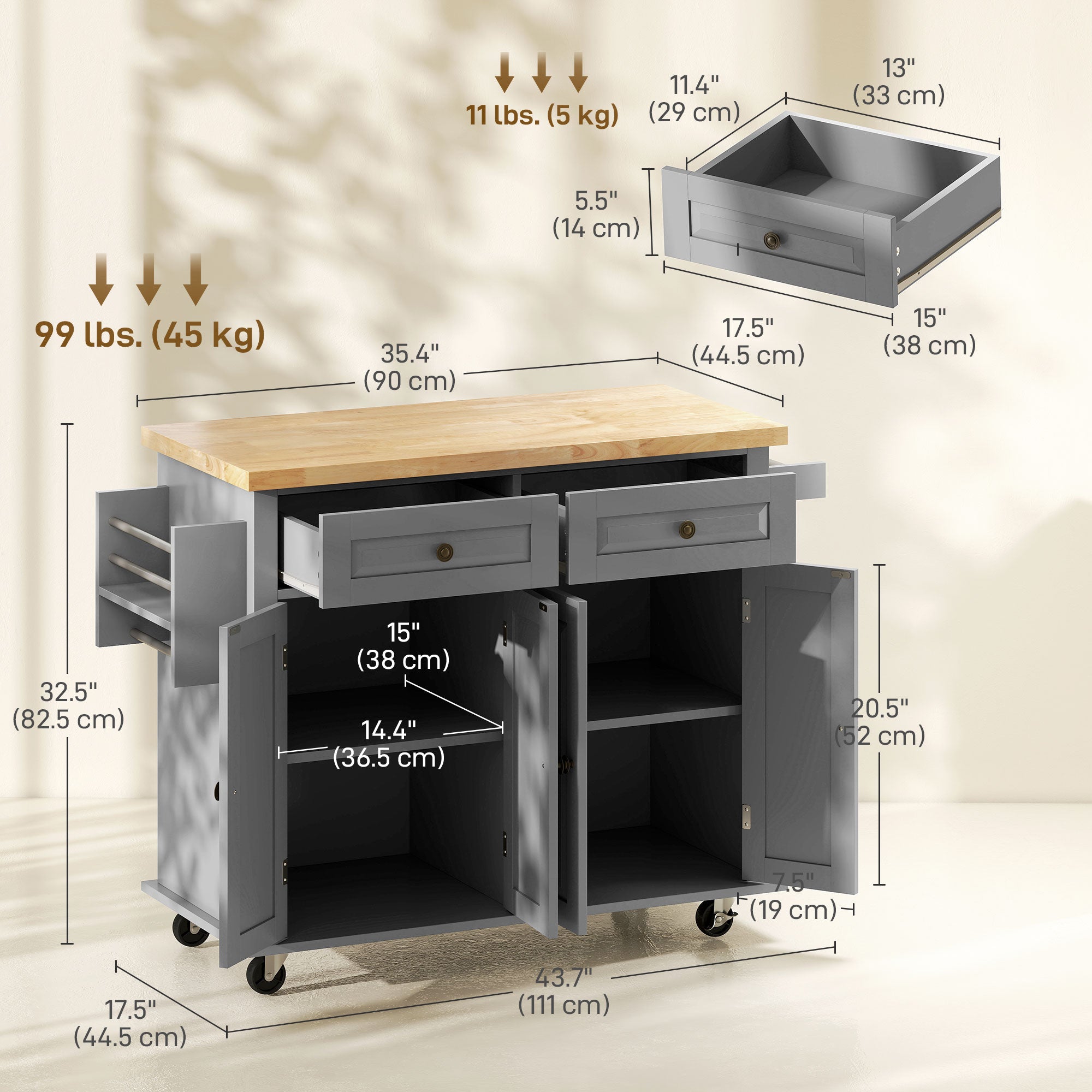 GlideSpace Rolling Kitchen Island with Rubberwood Top and Spice Rack for Kitchen, Grey - HOMCOM