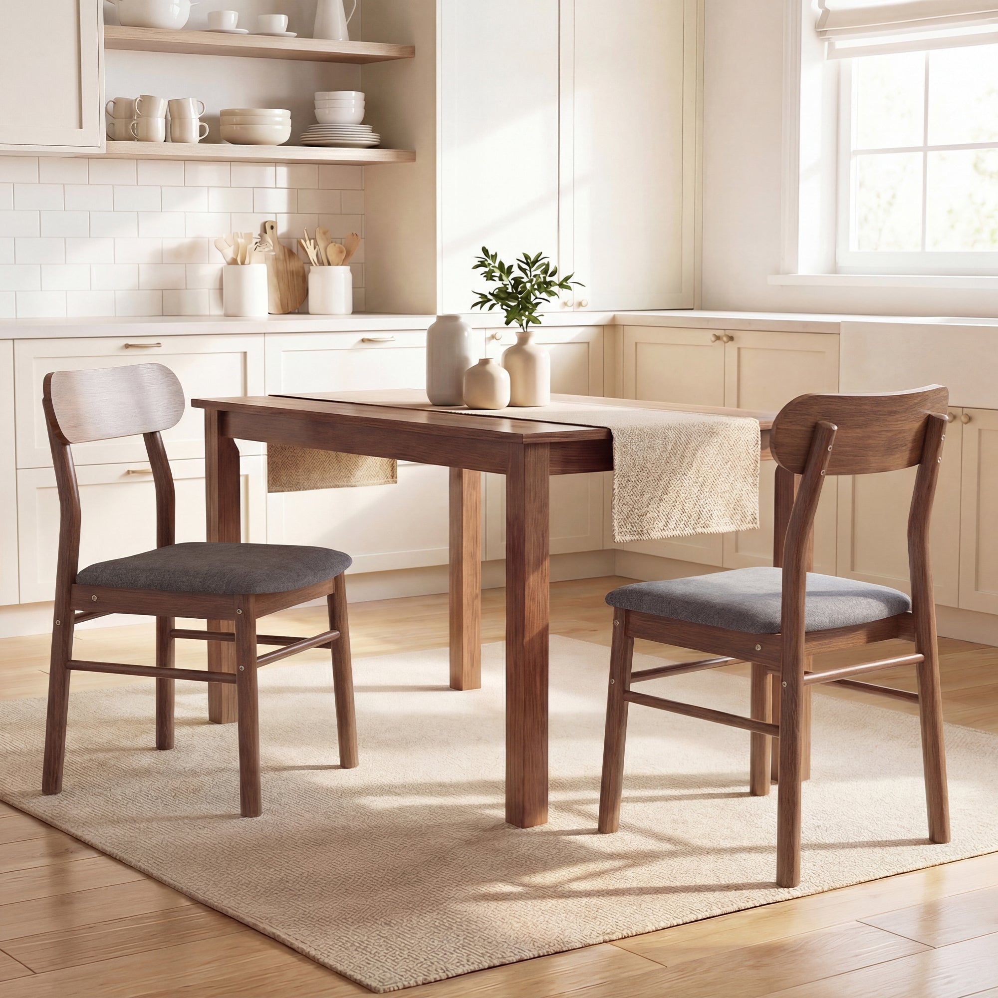 Mid-Century Modern Wooden Dining Chairs Set of 2, Upholstered Kitchen Chairs with Rubberwood Legs, Curved Backrest and Padded Seat for Dining Room, Gray
