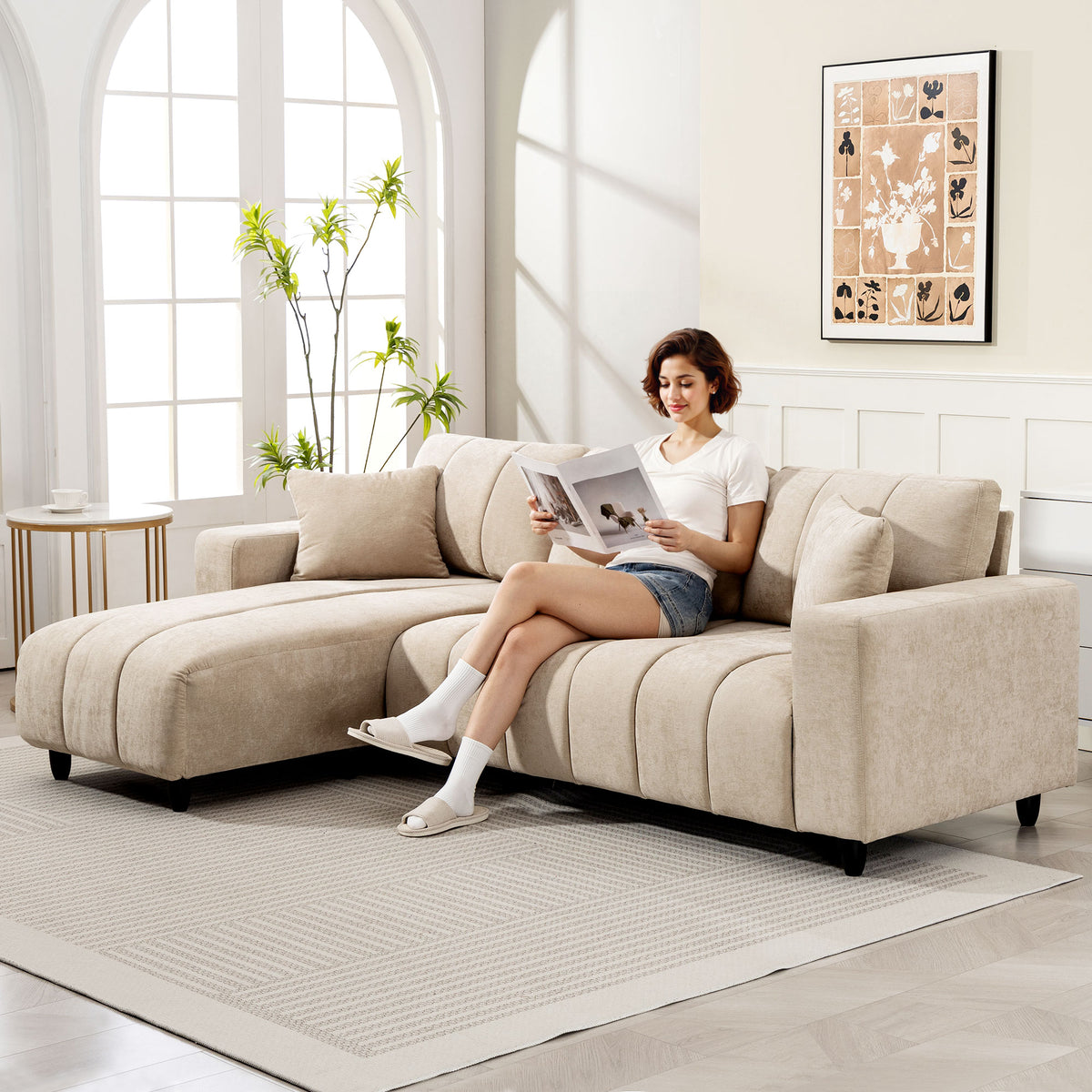Modular Sectional Sofa with Changeable Chaise, Integrated Seat, 95" Large 3 Seater L-Shaped Sofa with Spring Cushion, 2 Pillows, Steel Frame for Living Room, Beige