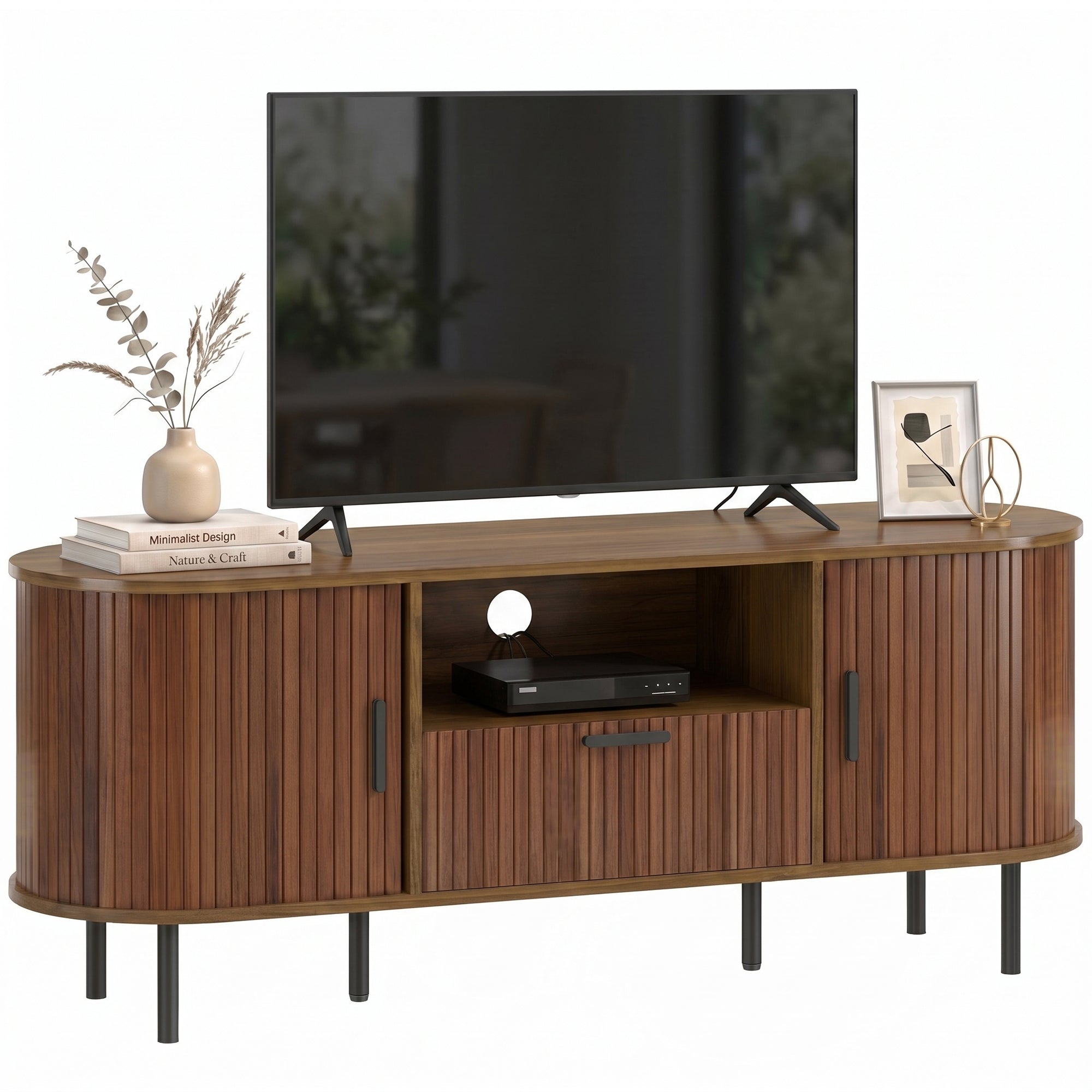 TV Stand for TVs up to 60", Modern Entertainment Center with Curved Sliding Doors, Media Console with Drawer, Cabinet and Shelf, Brown