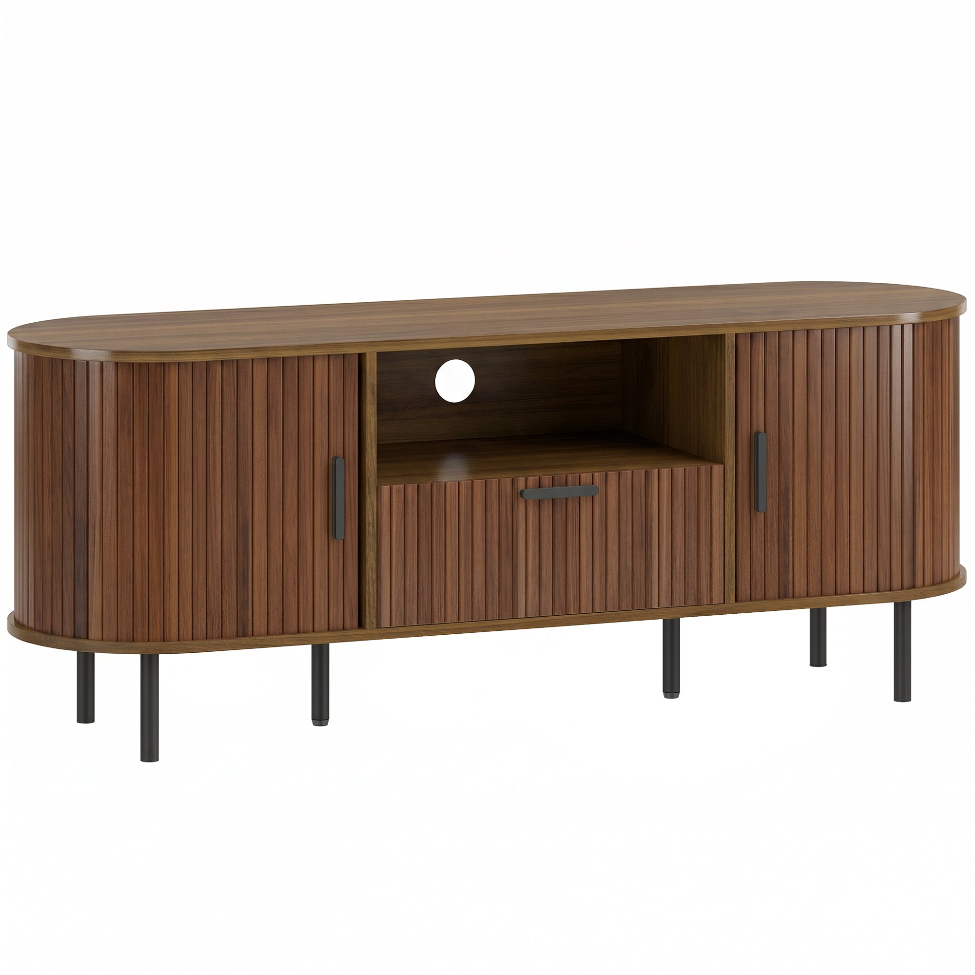 TV Stand for TVs up to 60", Modern Entertainment Center with Curved Sliding Doors, Media Console with Drawer, Cabinet and Shelf, Brown