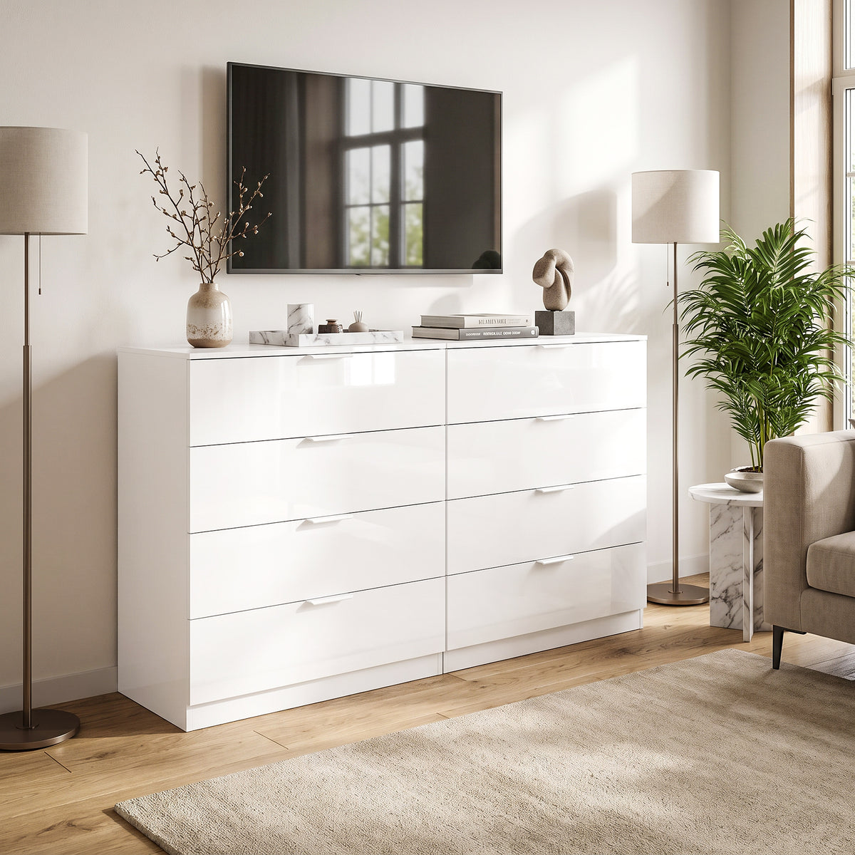 High Gloss Chest of Drawers with 4 Drawers, Modern Space-Saving Bedroom Storage Unit with Smooth Runners, Wooden Cupboard for Living Room, Office, Hallway, 70 x 34 x 79 cm, White