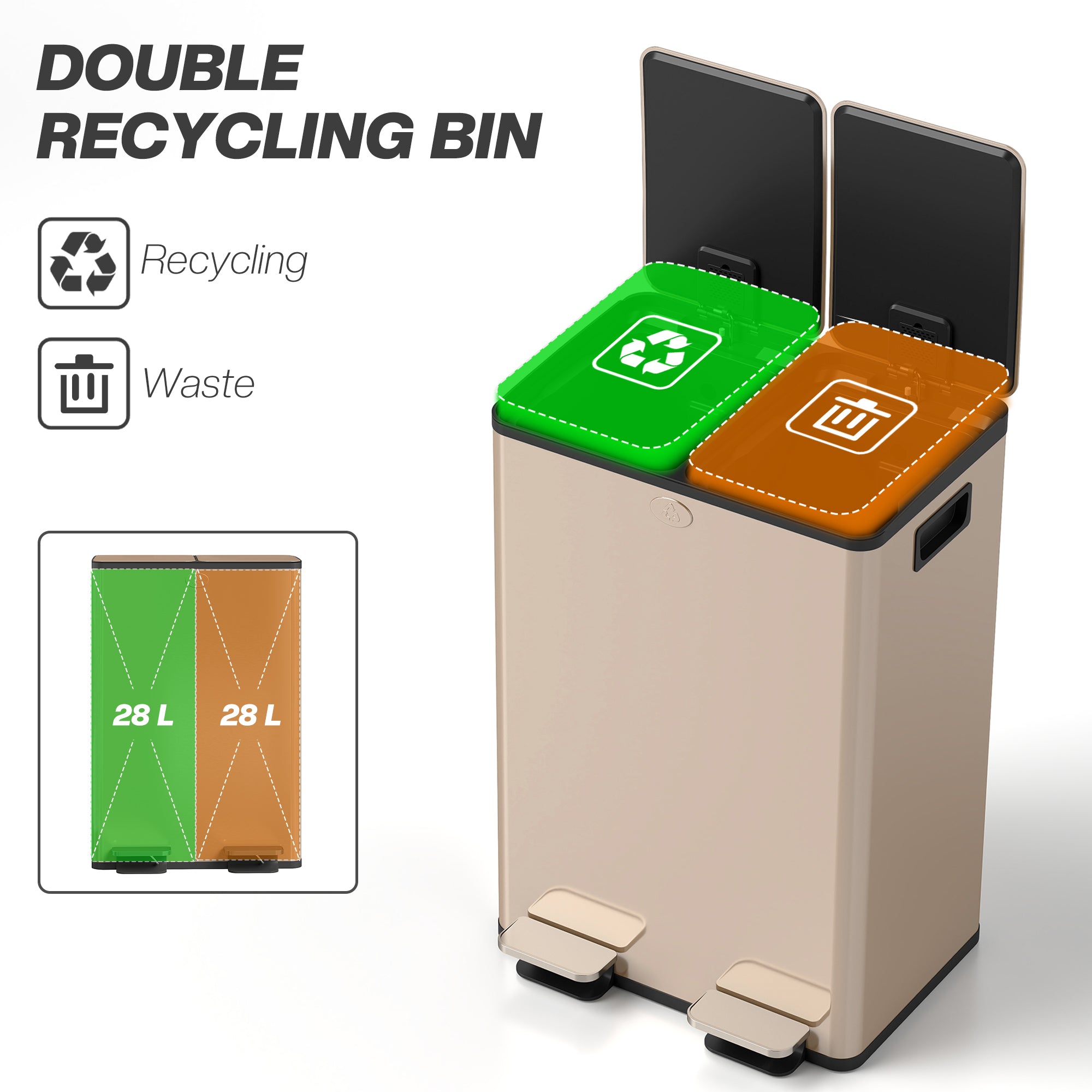 Dual Kitchen Bin, 2 x 28L Stainless Steel Double Rubbish Bin with Soft Close Lid, Removable Inner Buckets, Fingerprint-Proof for Recycling and Waste, Gold Tone