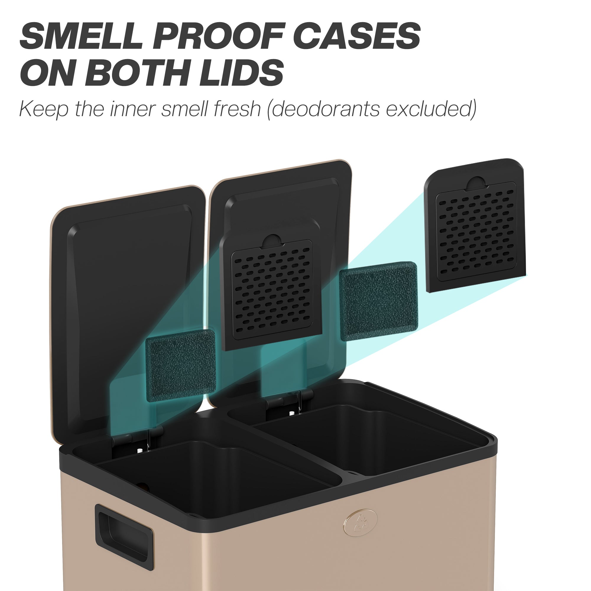 Dual Kitchen Bin, 2 x 28L Stainless Steel Double Rubbish Bin with Soft Close Lid, Removable Inner Buckets, Fingerprint-Proof for Recycling and Waste, Gold Tone