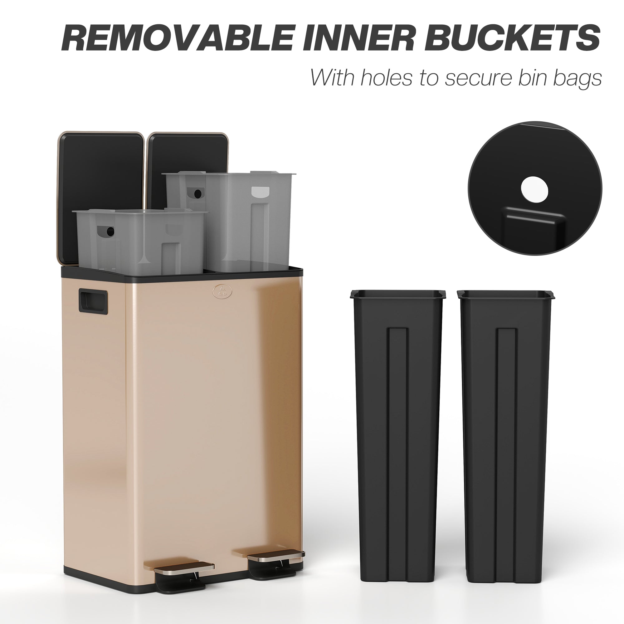 Dual Kitchen Bin, 2 x 28L Stainless Steel Double Rubbish Bin with Soft Close Lid, Removable Inner Buckets, Fingerprint-Proof for Recycling and Waste, Gold Tone