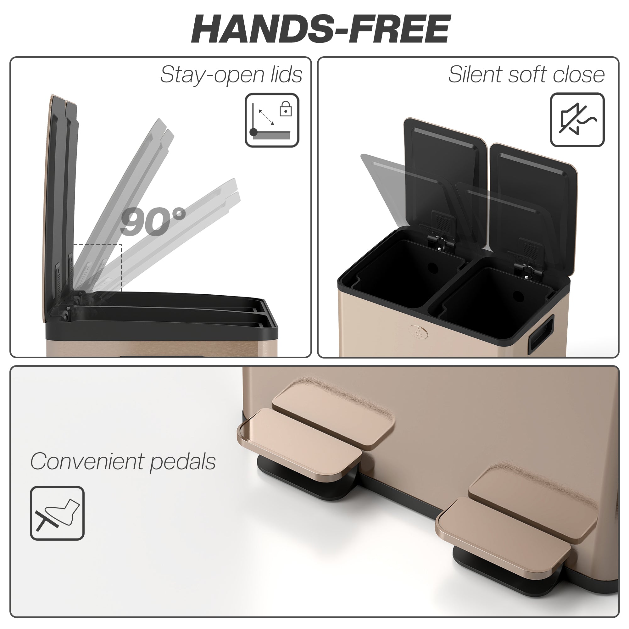 Dual Kitchen Bin, 2 x 28L Stainless Steel Double Rubbish Bin with Soft Close Lid, Removable Inner Buckets, Fingerprint-Proof for Recycling and Waste, Gold Tone