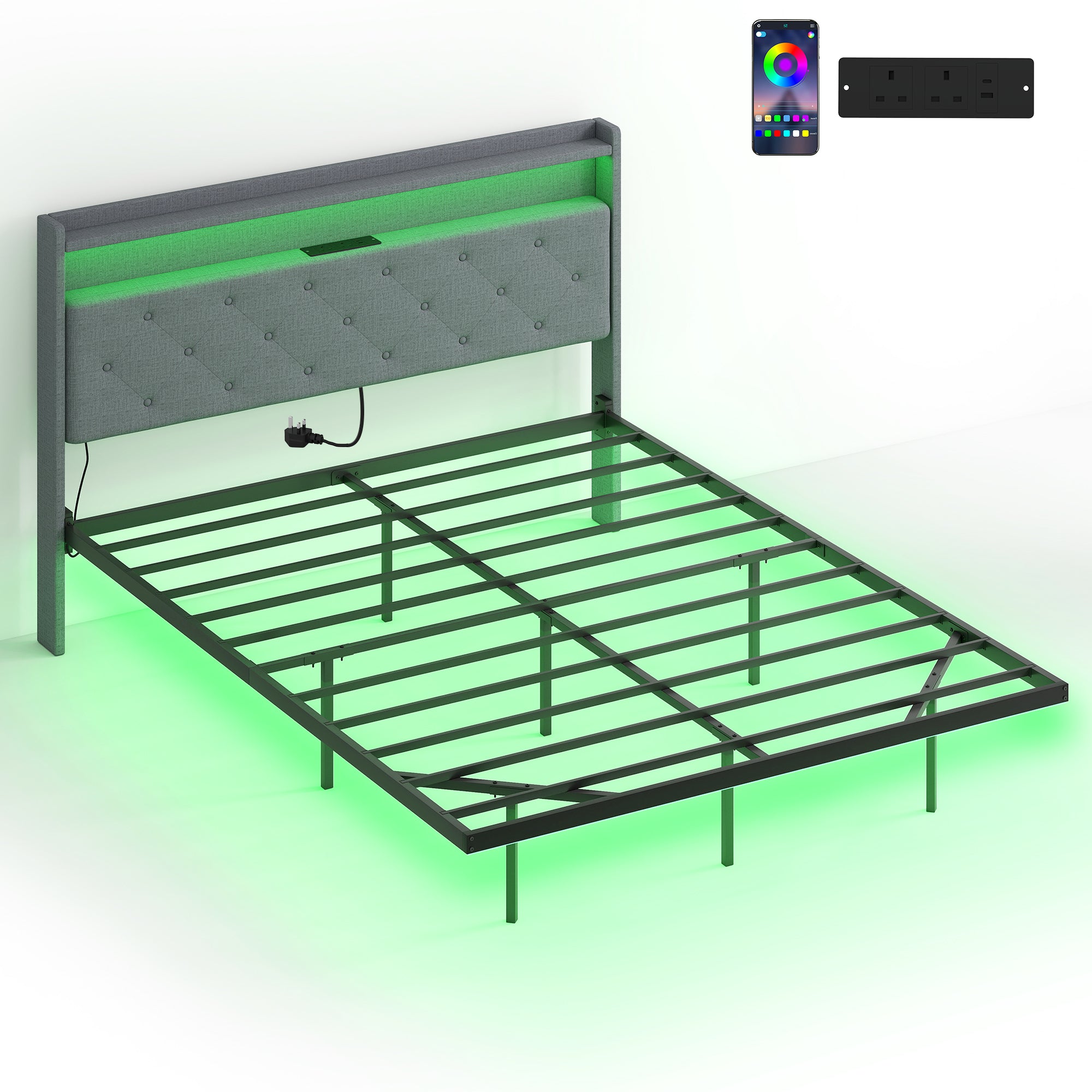 5ft King Size Bed Frame, Floating Bed Frame with Music Sync RGB LED Lights and Charging Station, Upholstered Headboard with Storage Shelves, No Box Spring Needed, Noise Free, Grey