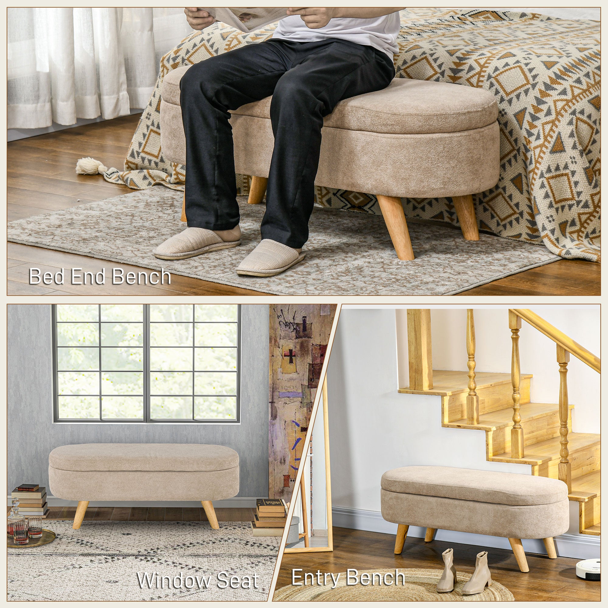 43.3" Upholstered End of Bed Bench with Wood Legs, Storage Ottoman for Entryway, Beige
