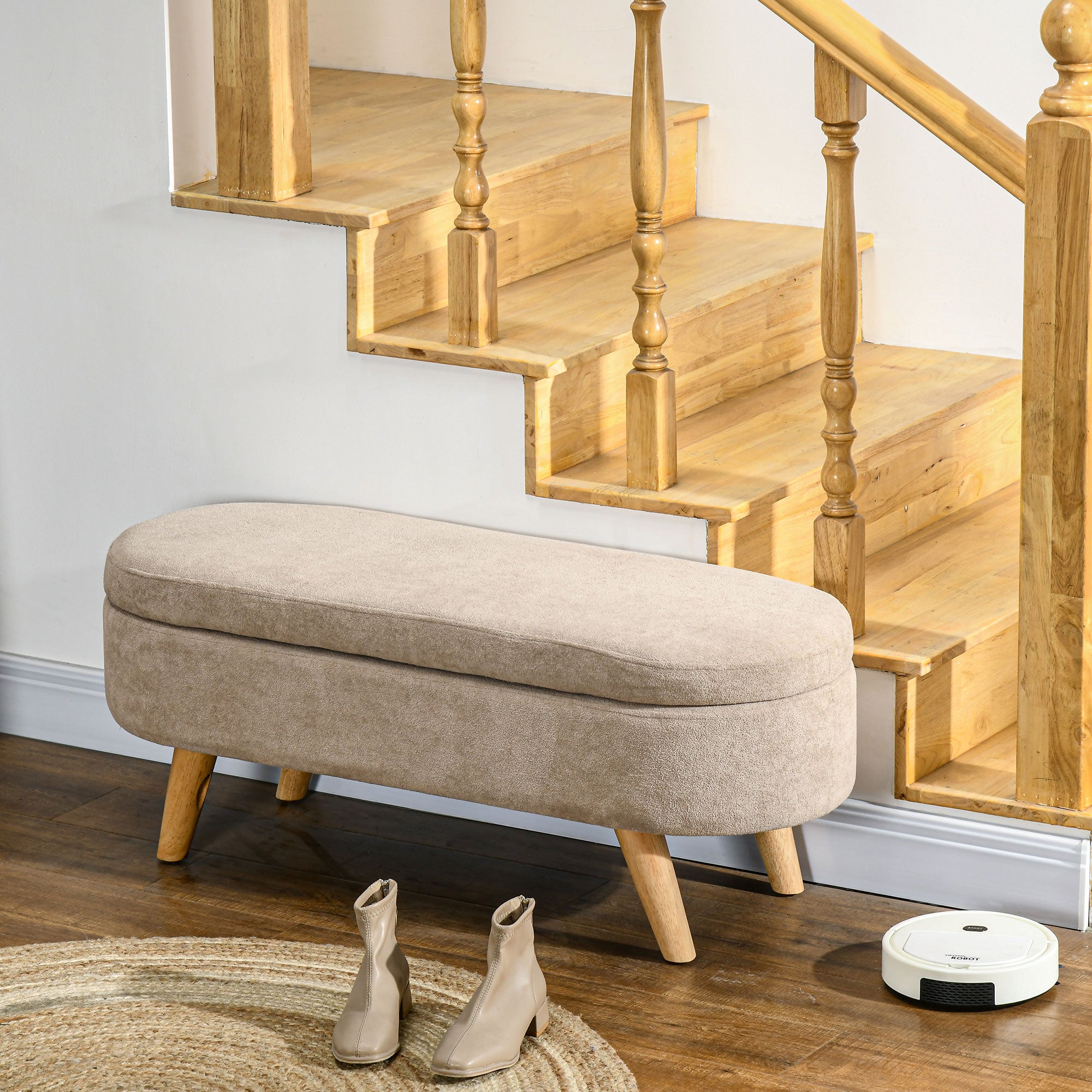 43.3" Upholstered End of Bed Bench with Wood Legs, Storage Ottoman for Entryway, Beige