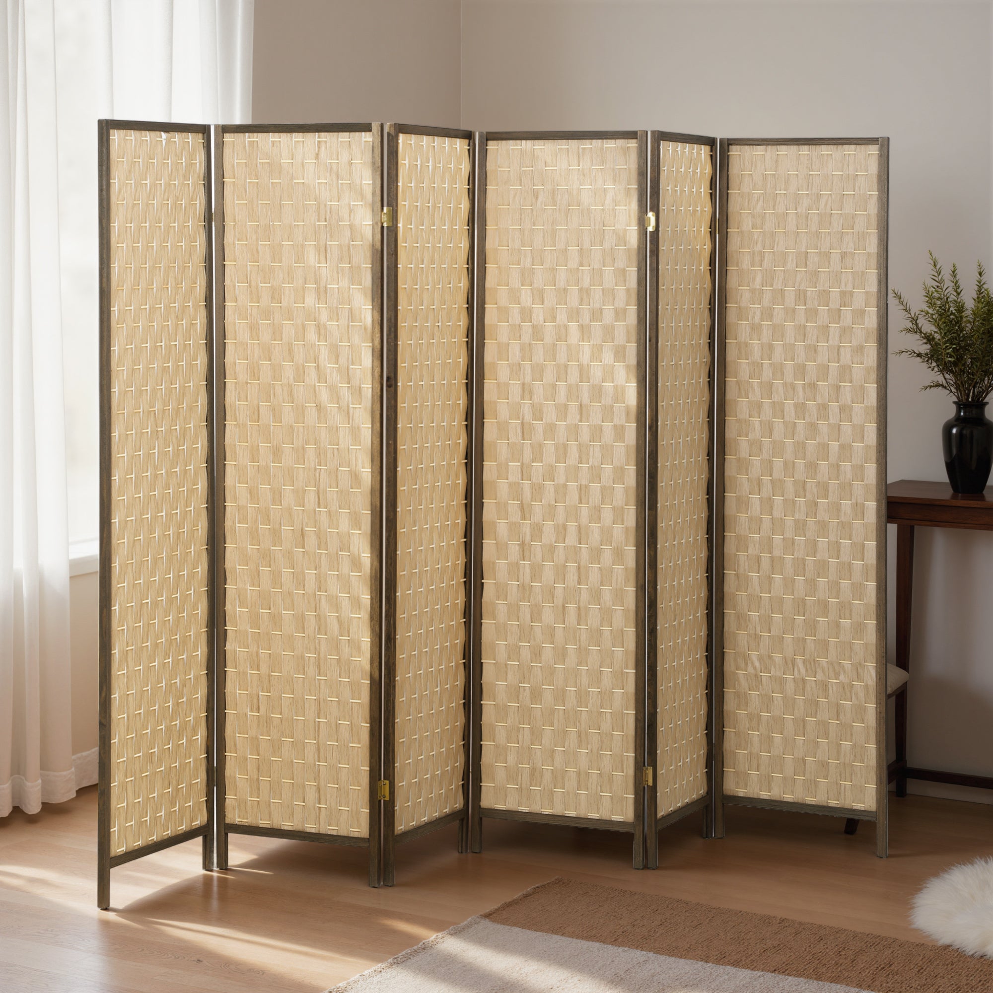 6 Panel Room Divider, 6 FT Lightweight Folding Privacy Screen, Freestanding Handwoven Partition for Living Room Bedroom Office, Brown