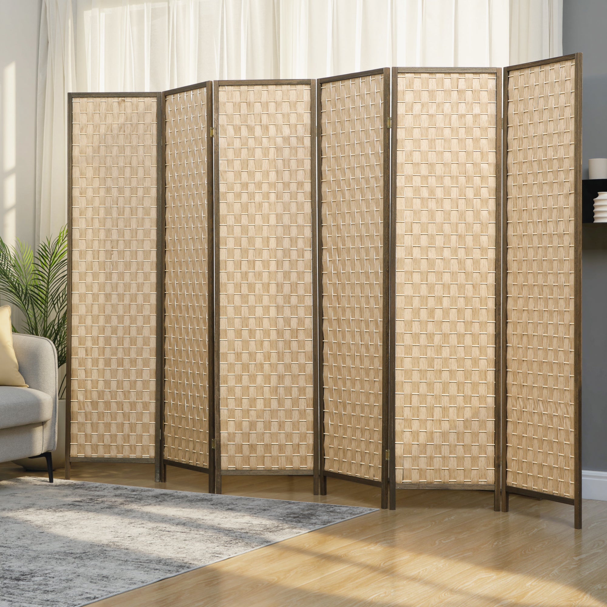 6 Panel Room Divider, 6 FT Lightweight Folding Privacy Screen, Freestanding Handwoven Partition for Living Room Bedroom Office, Brown