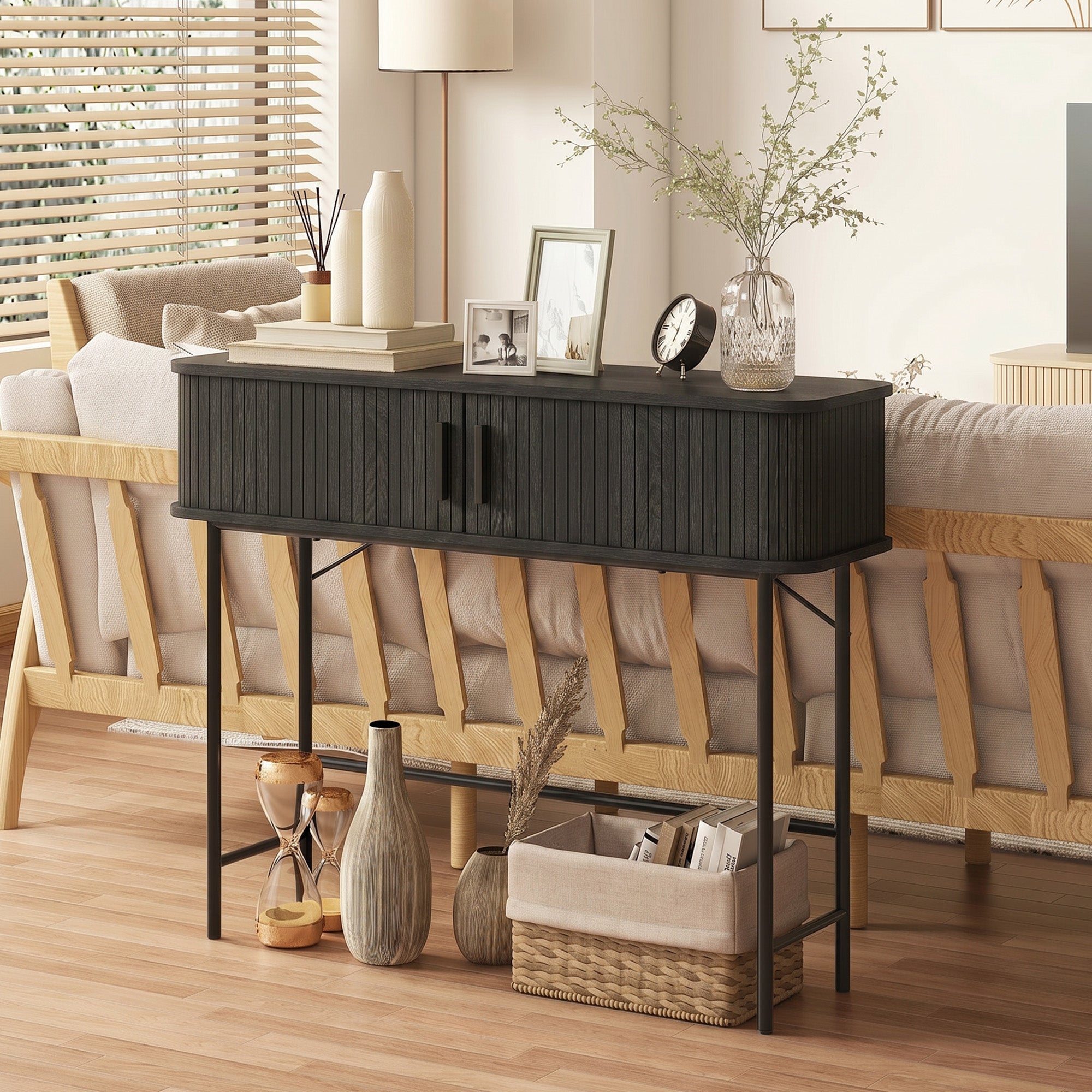 39" Narrow Console Table, Mid-Century Entryway Table with Storage Compartments and Slatted Tambour Swing Doors for Behind Couch, Living Room, Hallway, Black